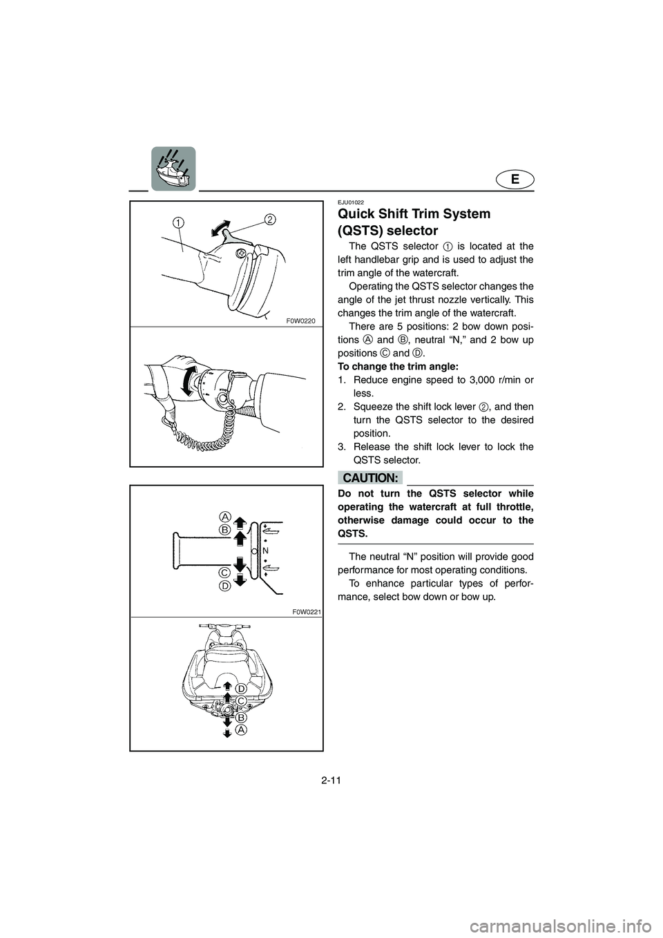 YAMAHA GP1200 2003 Owners Guide 2-11
E
EJU01022
Quick Shift Trim System
(QSTS) selector
The QSTS selector 1 is located at the
left handlebar grip and is used to adjust the
trim angle of the watercraft.
Operating the QSTS selector YAMAHA GP1200 2003 Owners Guide 2-11
E
EJU01022
Quick Shift Trim System
(QSTS) selector
The QSTS selector 1 is located at the
left handlebar grip and is used to adjust the
trim angle of the watercraft.
Operating the QSTS selector