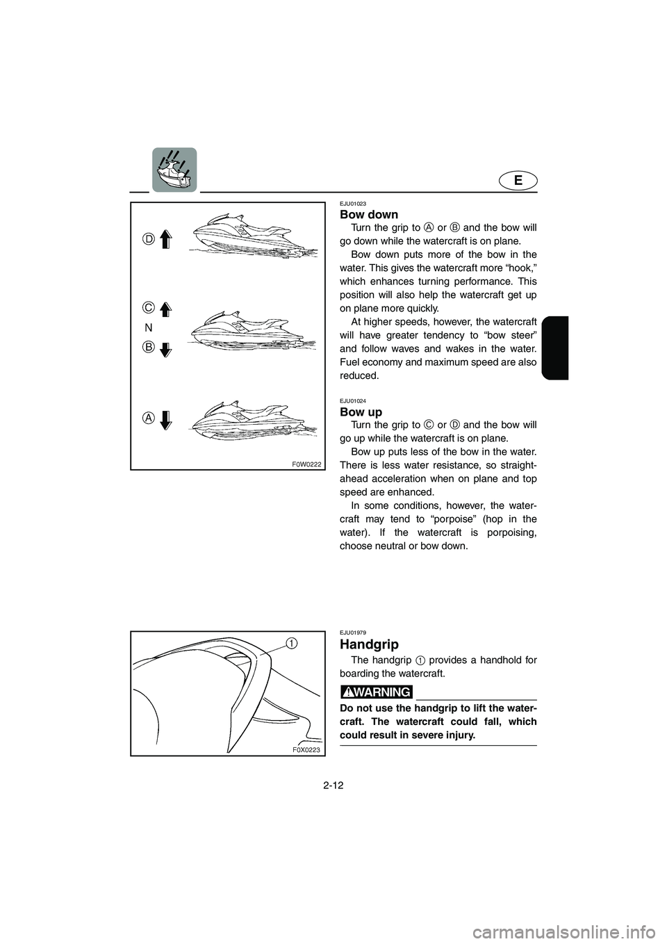 YAMAHA GP1200 2003  Owners Manual 2-12
E
EJU01023 
Bow down  
Turn the grip to A or B and the bow will
go down while the watercraft is on plane. 
Bow down puts more of the bow in the
water. This gives the watercraft more “hook,”
w