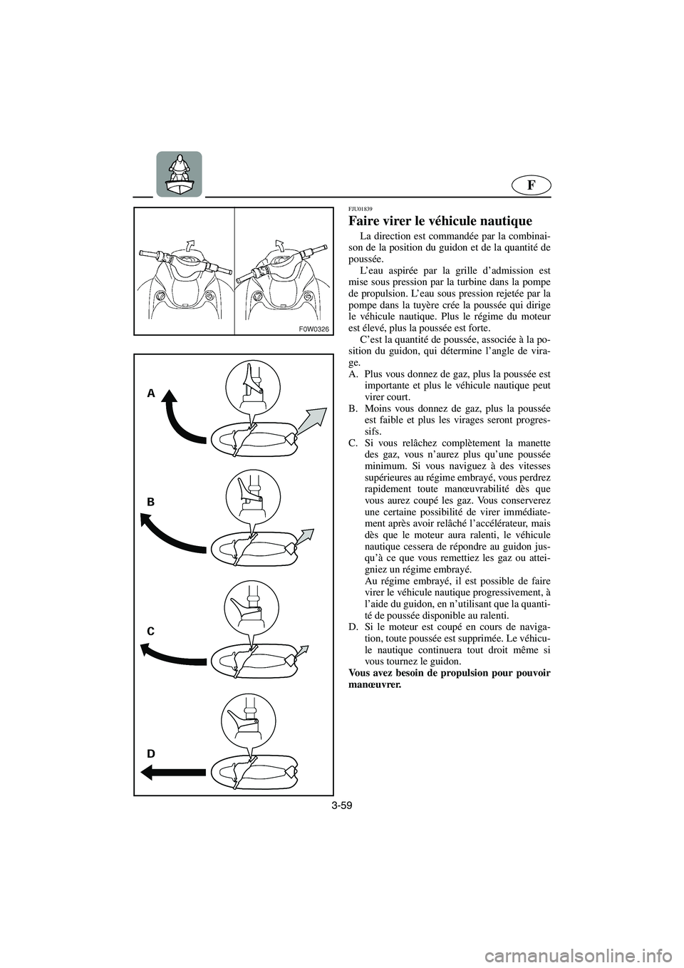 YAMAHA GP1200 2003  Betriebsanleitungen (in German) 3-59
F
FJU01839 
Faire virer le véhicule nautique  
La direction est commandée par la combinai-
son de la position du guidon et de la quantité de
poussée. 
L’eau aspirée par la grille d’admis