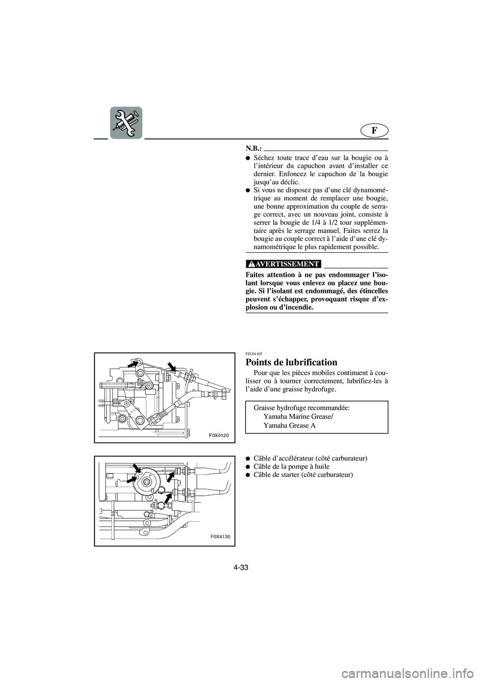 YAMAHA GP1200 2003  Betriebsanleitungen (in German) 4-33
F
N.B.:@ Séchez toute trace d’eau sur la bougie ou à
l’intérieur du capuchon avant d’installer ce
dernier. Enfoncez le capuchon de la bougie
jusqu’au déclic. 
Si vous ne disposez pa