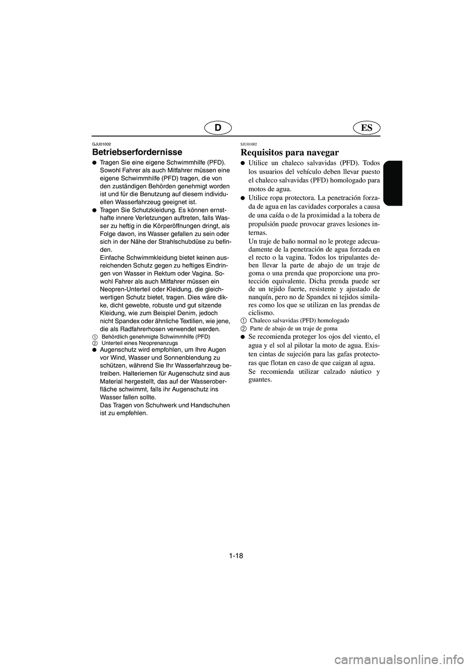 YAMAHA GP1200 2003  Manuale de Empleo (in Spanish) 1-18
ESD
GJU01002 
Betriebserfordernisse  
Tragen Sie eine eigene Schwimmhilfe (PFD). 
Sowohl Fahrer als auch Mitfahrer müssen eine 
eigene Schwimmhilfe (PFD) tragen, die von 
den zuständigen Behö