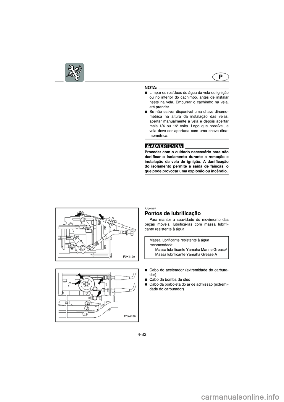 YAMAHA GP1200 2003  ΟΔΗΓΌΣ ΧΡΉΣΗΣ (in Greek) 4-33
P
NOTA :@ Limpar os resíduos de água da vela de ignição
ou no interior do cachimbo, antes de instalar
neste na vela. Empurrar o cachimbo na vela,
até prender. 
Se não estiver disponível 