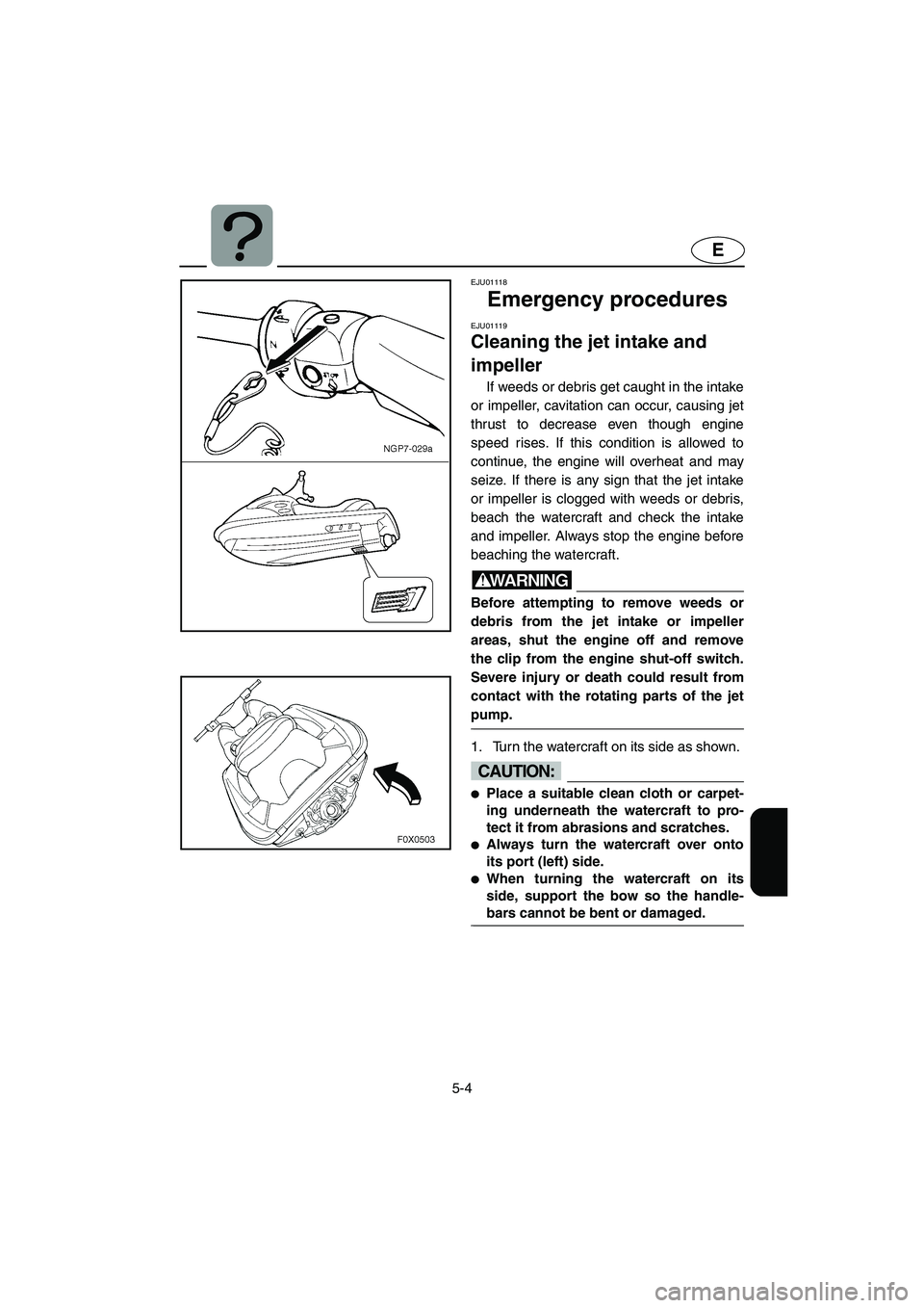 YAMAHA GP1200 2002  Owners Manual 5-4
E
EJU01118 
Emergency procedures 
EJU01119 
Cleaning the jet intake and 
impeller  
If weeds or debris get caught in the intake
or impeller, cavitation can occur, causing jet
thrust to decrease ev