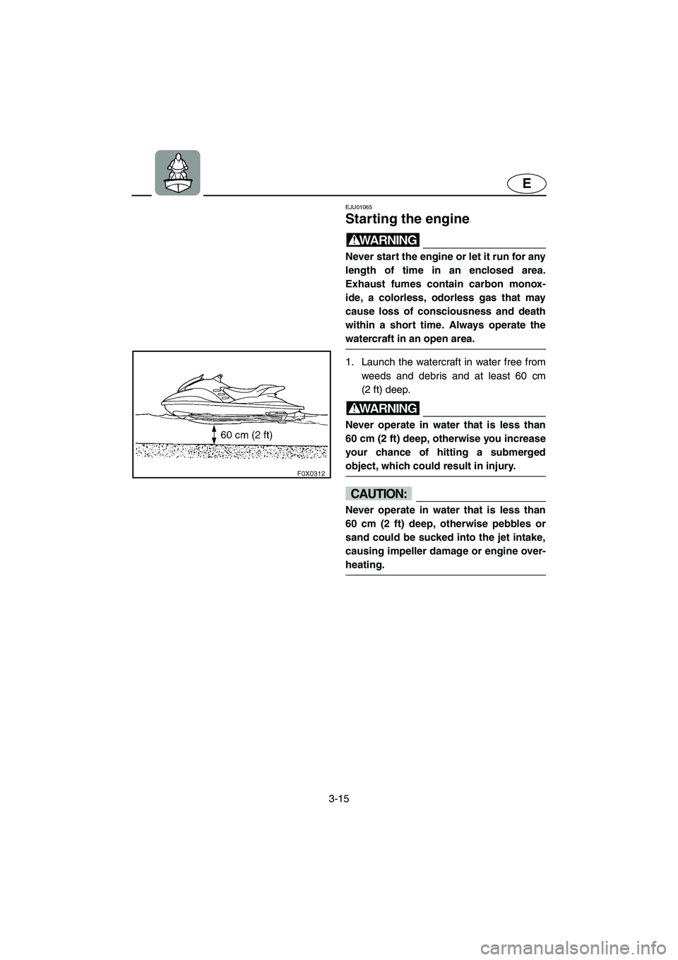 YAMAHA GP1200 2002 Workshop Manual 3-15
E
EJU01065 
Starting the engine  
WARNING@ Never start the engine or let it run for any
length of time in an enclosed area.
Exhaust fumes contain carbon monox-
ide, a colorless, odorless gas that