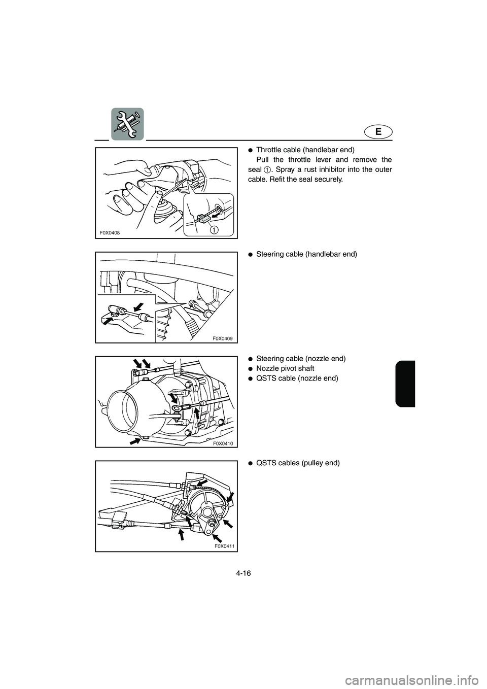 YAMAHA GP1200 2002  Owners Manual 4-16
E
Throttle cable (handlebar end) 
Pull the throttle lever and remove the
seal1. Spray a rust inhibitor into the outer
cable. Refit the seal securely. 
Steering cable (handlebar end) 
Steering 