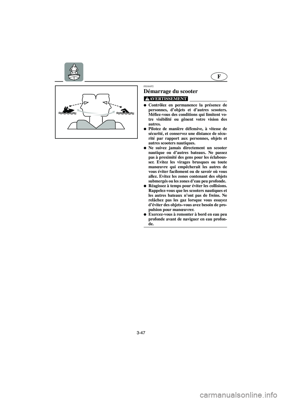 YAMAHA GP1200 2002  Manuale de Empleo (in Spanish) 3-47
F
FJU01072 
Démarrage du scooter  
@ Contrôlez en permanence la présence de
personnes, d’objets et d’autres scooters.
Méfiez-vous des conditions qui limitent vo-
tre visibilité ou gêne