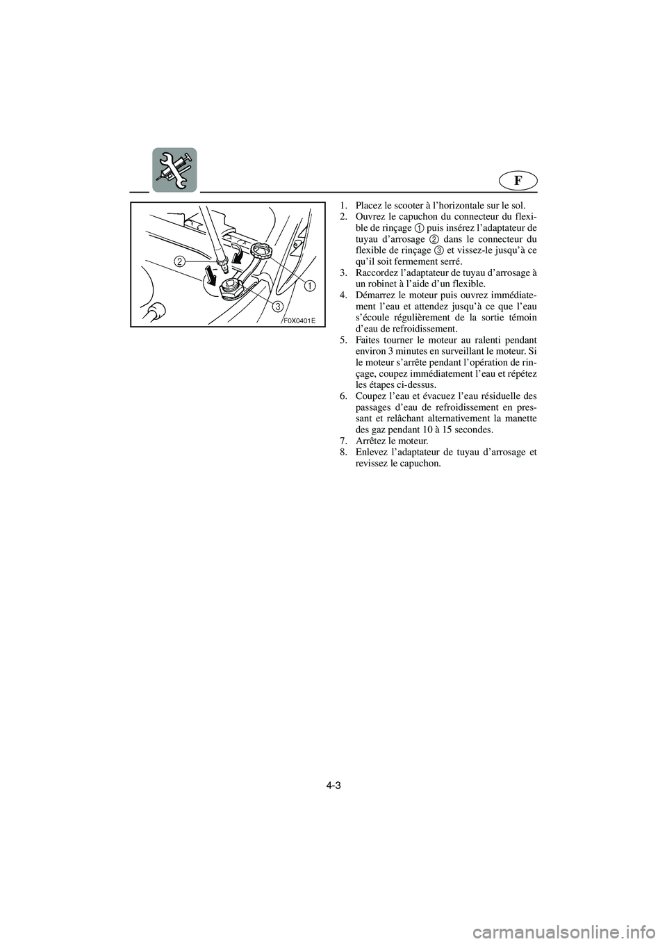 YAMAHA GP1200 2002 Manuale de Empleo (in Spanish) 4-3
F
1. Placez le scooter à l’horizontale sur le sol.
2. Ouvrez le capuchon du connecteur du flexi-
ble de rinçage 1 puis insérez l’adaptateur de
tuyau d’arrosage 2 dans le connecteur du
fl YAMAHA GP1200 2002 Manuale de Empleo (in Spanish) 4-3
F
1. Placez le scooter à l’horizontale sur le sol.
2. Ouvrez le capuchon du connecteur du flexi-
ble de rinçage 1 puis insérez l’adaptateur de
tuyau d’arrosage 2 dans le connecteur du
fl