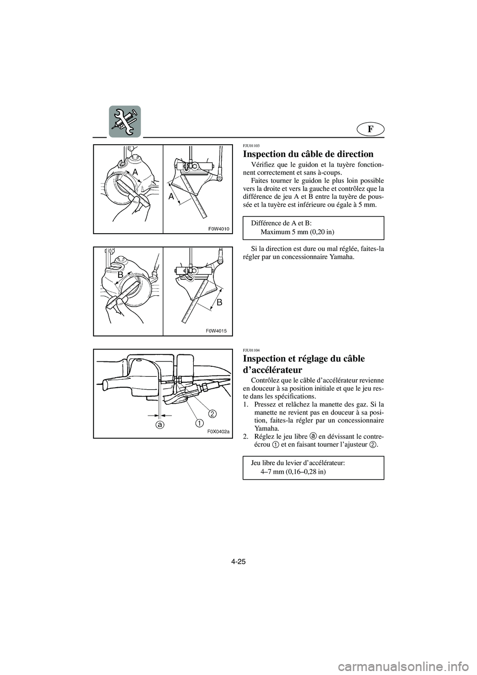 YAMAHA GP1200 2002 Manuale de Empleo (in Spanish) 4-25
F
FJU01103
Inspection du câble de direction
Vérifiez que le guidon et la tuyère fonction-
nent correctement et sans à -coups.
Faites tourner le guidon le plus loin possible
vers la droite YAMAHA GP1200 2002 Manuale de Empleo (in Spanish) 4-25
F
FJU01103
Inspection du câble de direction
Vérifiez que le guidon et la tuyère fonction-
nent correctement et sans à -coups.
Faites tourner le guidon le plus loin possible
vers la droite