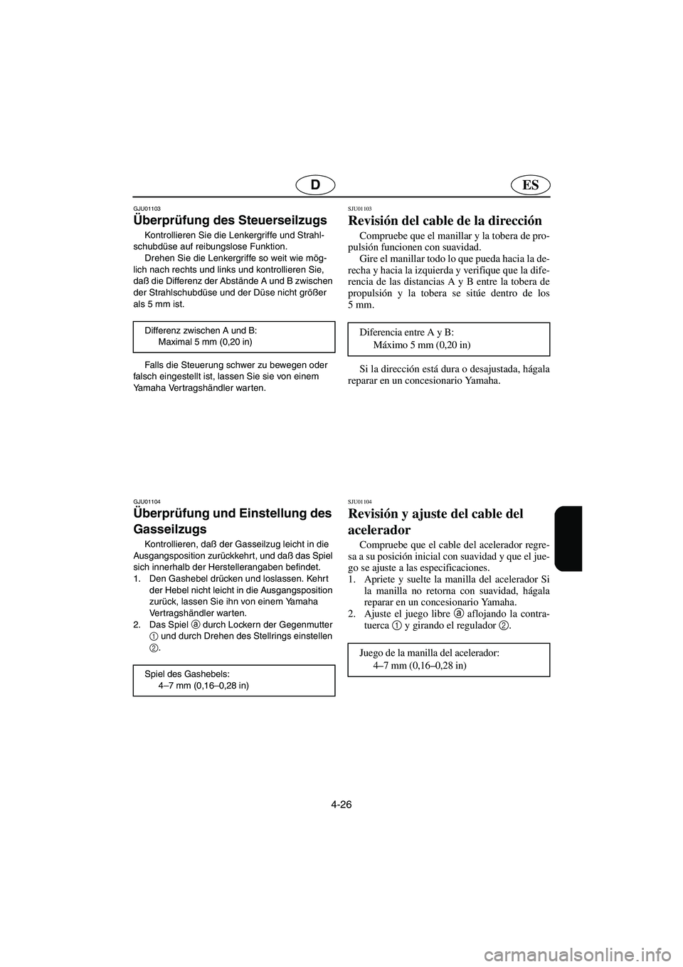 YAMAHA GP1200 2002 Manuale de Empleo (in Spanish) 4-26
ESD
GJU01103
Überprüfung des Steuerseilzugs
Kontrollieren Sie die Lenkergriffe und Strahl-
schubdüse auf reibungslose Funktion.
Drehen Sie die Lenkergriffe so weit wie mög-
lich nach rech YAMAHA GP1200 2002 Manuale de Empleo (in Spanish) 4-26
ESD
GJU01103
Überprüfung des Steuerseilzugs
Kontrollieren Sie die Lenkergriffe und Strahl-
schubdüse auf reibungslose Funktion.
Drehen Sie die Lenkergriffe so weit wie mög-
lich nach rech