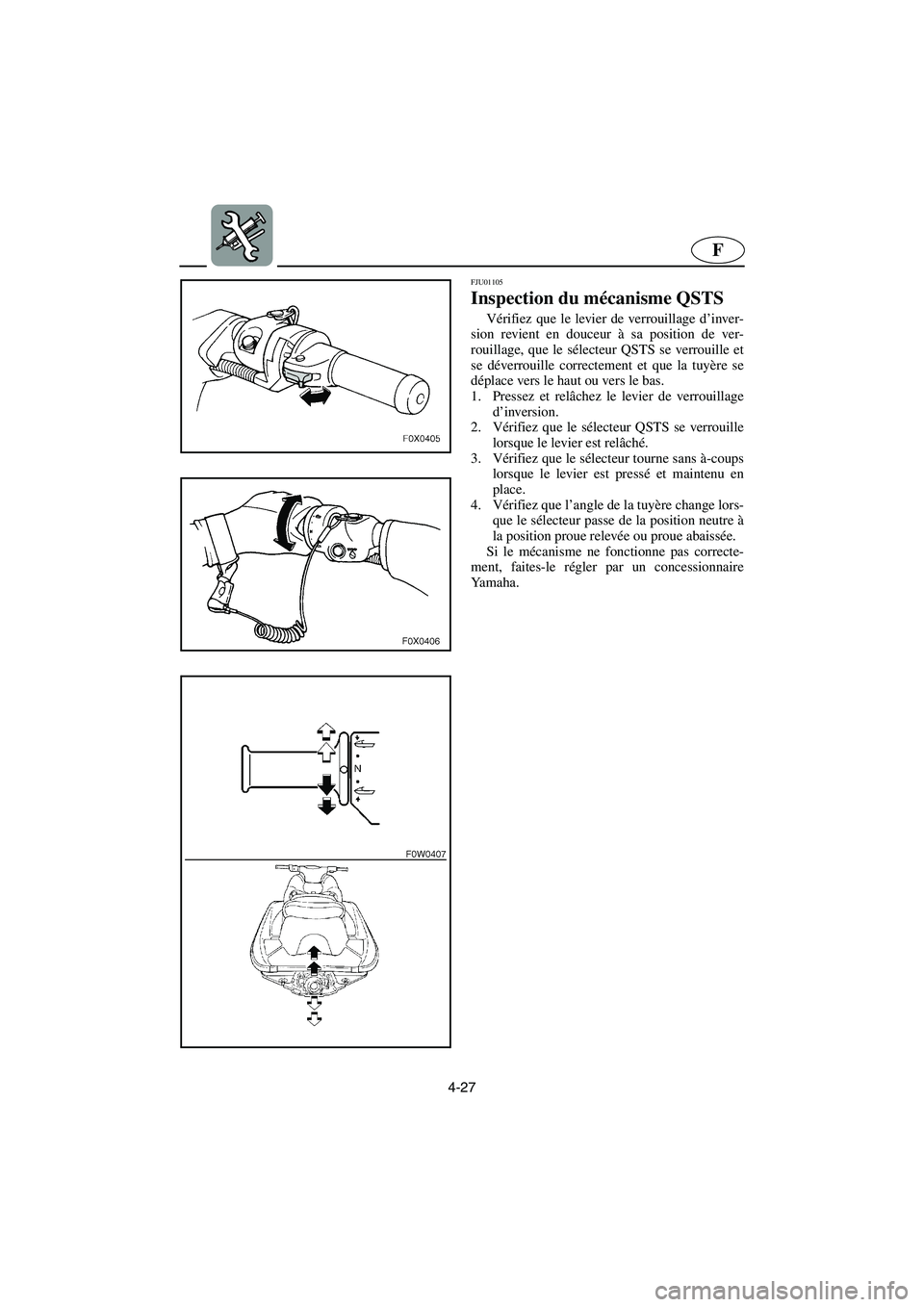 YAMAHA GP1200 2002 Manuale de Empleo (in Spanish) 4-27
F
FJU01105
Inspection du mécanisme QSTS
Vérifiez que le levier de verrouillage d’inver-
sion revient en douceur à sa position de ver-
rouillage, que le sélecteur QSTS se verrouille et
se YAMAHA GP1200 2002 Manuale de Empleo (in Spanish) 4-27
F
FJU01105
Inspection du mécanisme QSTS
Vérifiez que le levier de verrouillage d’inver-
sion revient en douceur à sa position de ver-
rouillage, que le sélecteur QSTS se verrouille et
se