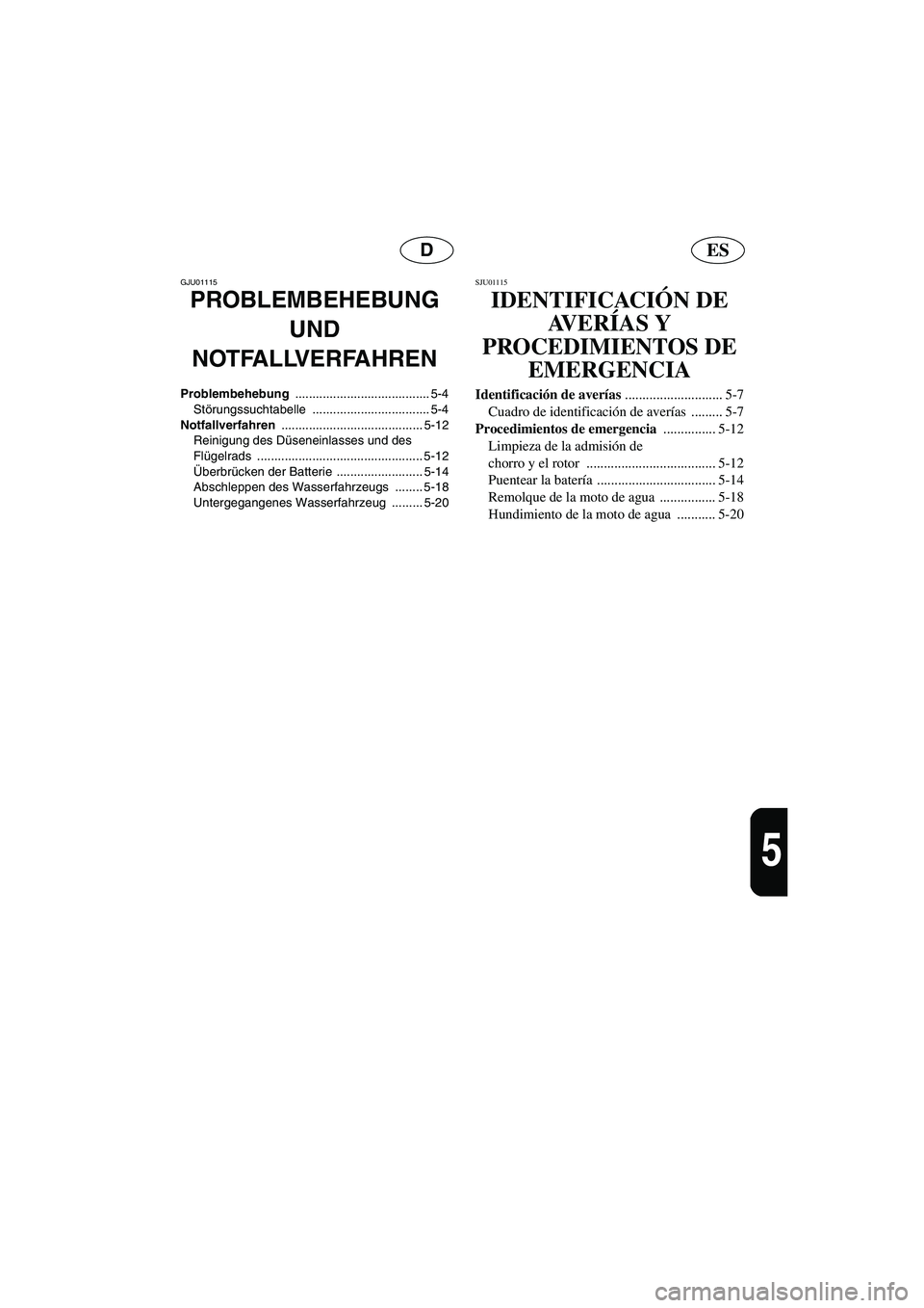 YAMAHA GP1200 2002 Manuale de Empleo (in Spanish) ESD
5
GJU01115
PROBLEMBEHEBUNG
UND
NOTFALLVERFAHREN
Problembehebung ....................................... 5-4
Störungssuchtabelle .................................. 5-4
Notfallverfahren ........ YAMAHA GP1200 2002 Manuale de Empleo (in Spanish) ESD
5
GJU01115
PROBLEMBEHEBUNG
UND
NOTFALLVERFAHREN
Problembehebung ....................................... 5-4
Störungssuchtabelle .................................. 5-4
Notfallverfahren ........