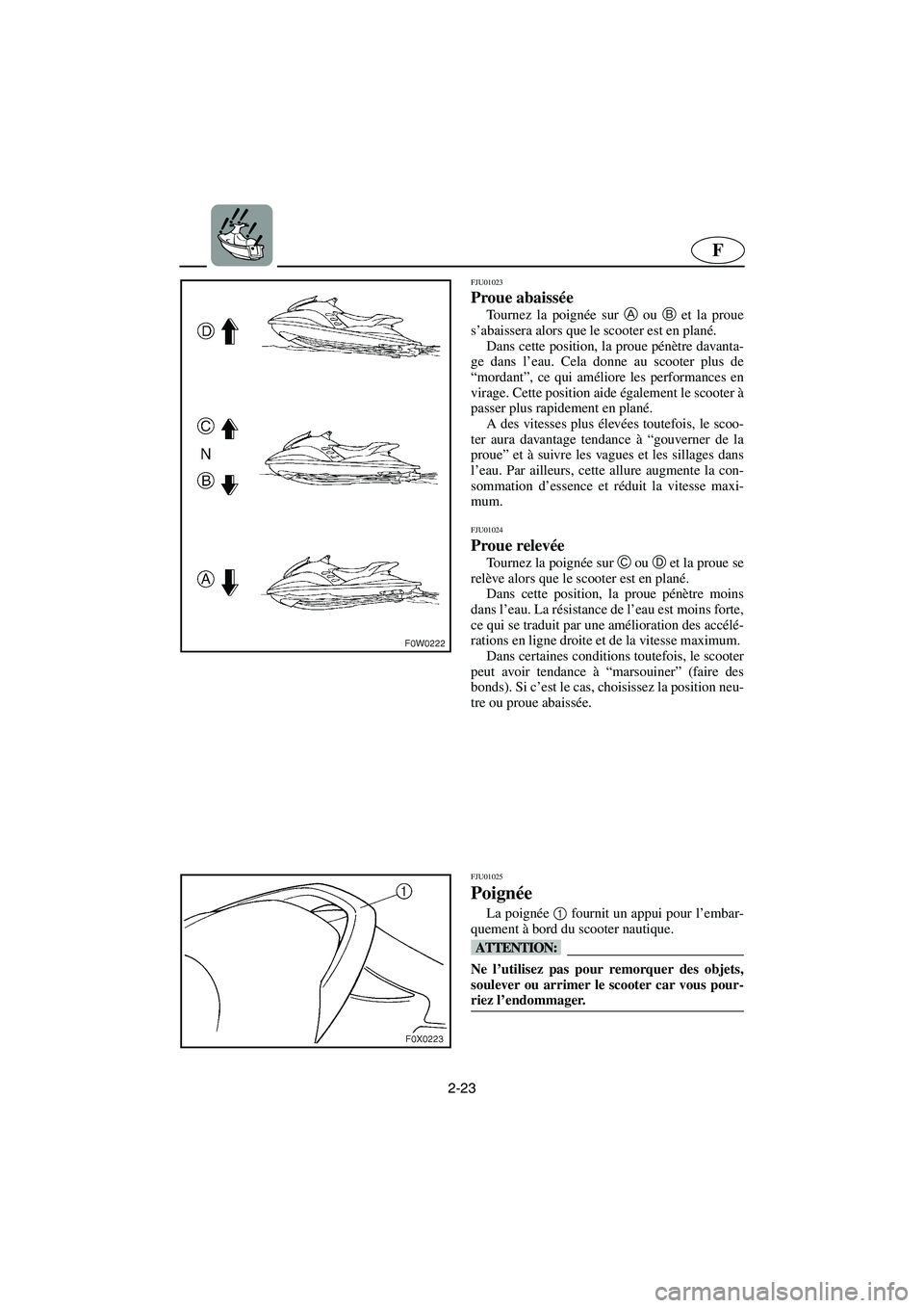 YAMAHA GP1200 2002  Manuale de Empleo (in Spanish) 2-23
F
FJU01023 
Proue abaissée  
Tournez la poignée sur A
 ou B
 et la proue
s’abaissera alors que le scooter est en plané. 
Dans cette position, la proue pénètre davanta-
ge dans l’eau. Cel