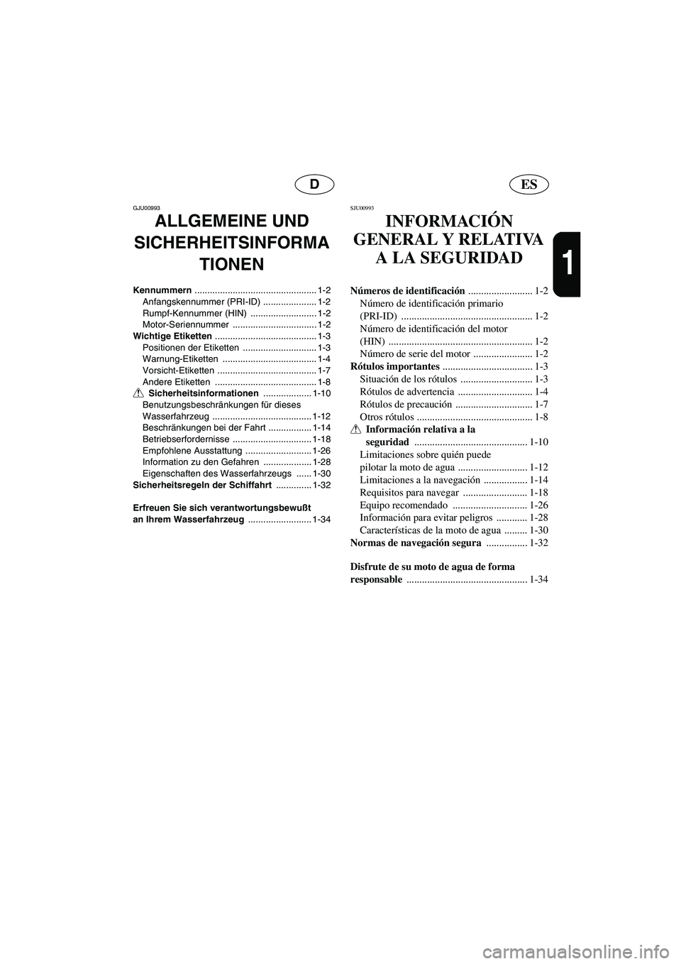YAMAHA GP1200 2002 Notices Demploi (in French) ESD
1
GJU00993
ALLGEMEINE UND
SICHERHEITSINFORMA
TIONEN
Kennummern ................................................ 1-2
Anfangskennummer (PRI-ID) ..................... 1-2
Rumpf-Kennummer (HIN) ... YAMAHA GP1200 2002 Notices Demploi (in French) ESD
1
GJU00993
ALLGEMEINE UND
SICHERHEITSINFORMA
TIONEN
Kennummern ................................................ 1-2
Anfangskennummer (PRI-ID) ..................... 1-2
Rumpf-Kennummer (HIN) ...
