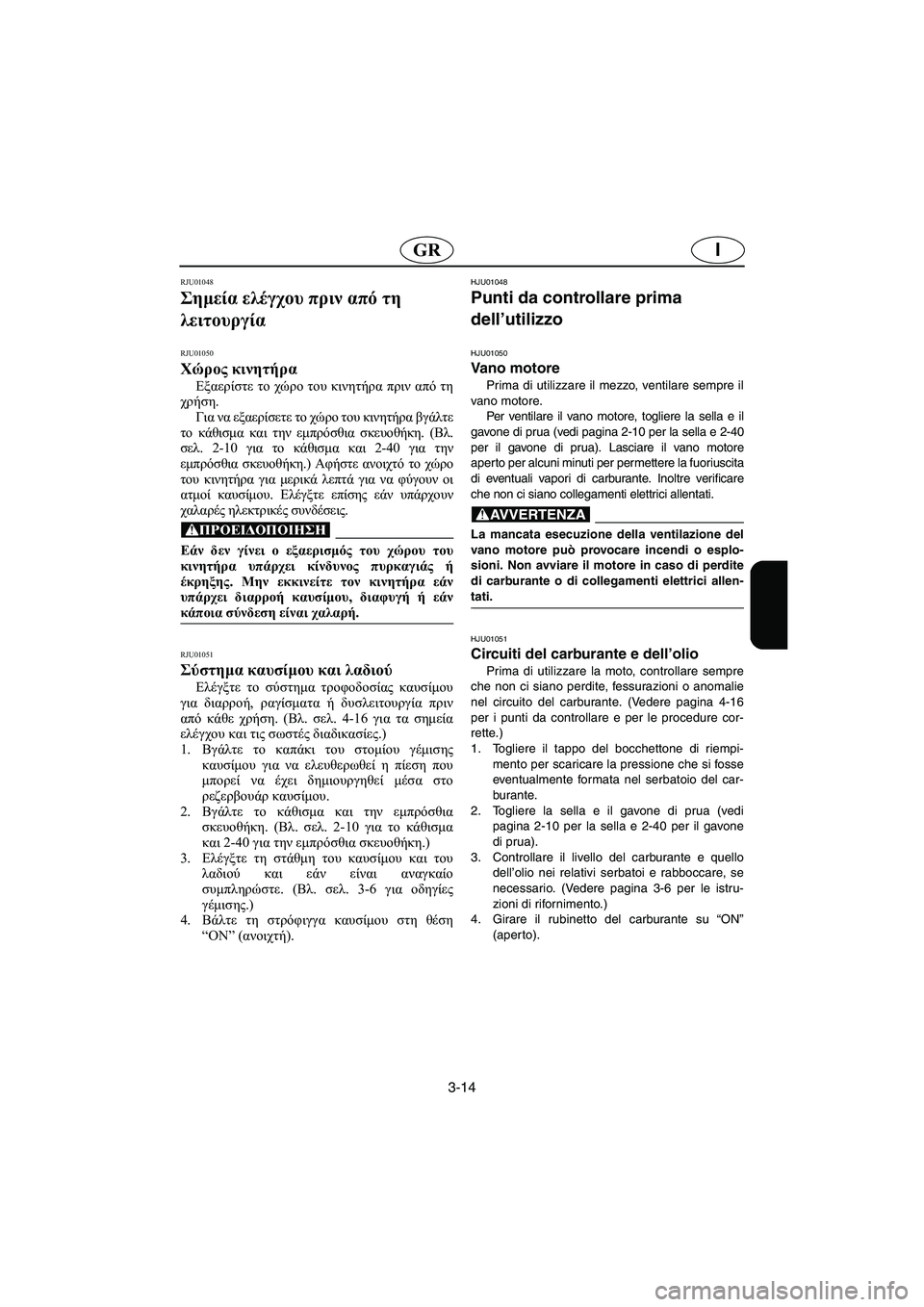 YAMAHA GP1200 2002  ΟΔΗΓΌΣ ΧΡΉΣΗΣ (in Greek) 3-14
IGR
RJU01048 
Σημεία ελέγχου πριν από τη 
λειτουργία 
RJU01050 
Χώρος κινητήρα  
Εξαερίστε το χώρο του κινητήρα πριν α