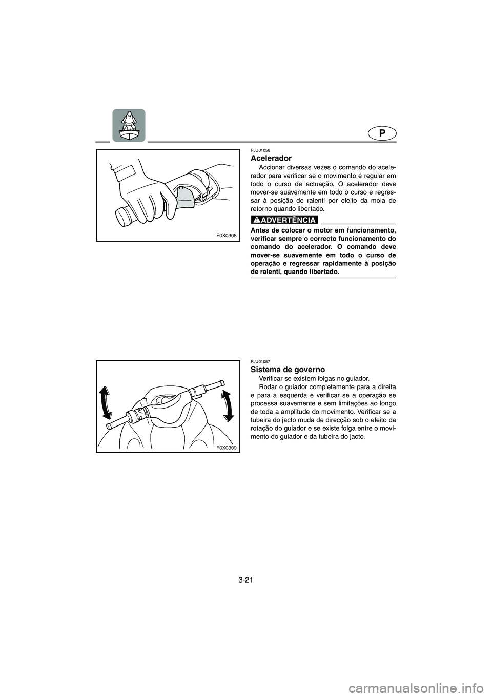 YAMAHA GP1200 2002 Manuale duso (in Italian) 3-21
P
PJU01056
Acelerador
Accionar diversas vezes o comando do acele-
rador para verificar se o movimento é regular em
todo o curso de actuação. O acelerador deve
mover-se suavemente em todo o YAMAHA GP1200 2002 Manuale duso (in Italian) 3-21
P
PJU01056
Acelerador
Accionar diversas vezes o comando do acele-
rador para verificar se o movimento é regular em
todo o curso de actuação. O acelerador deve
mover-se suavemente em todo o