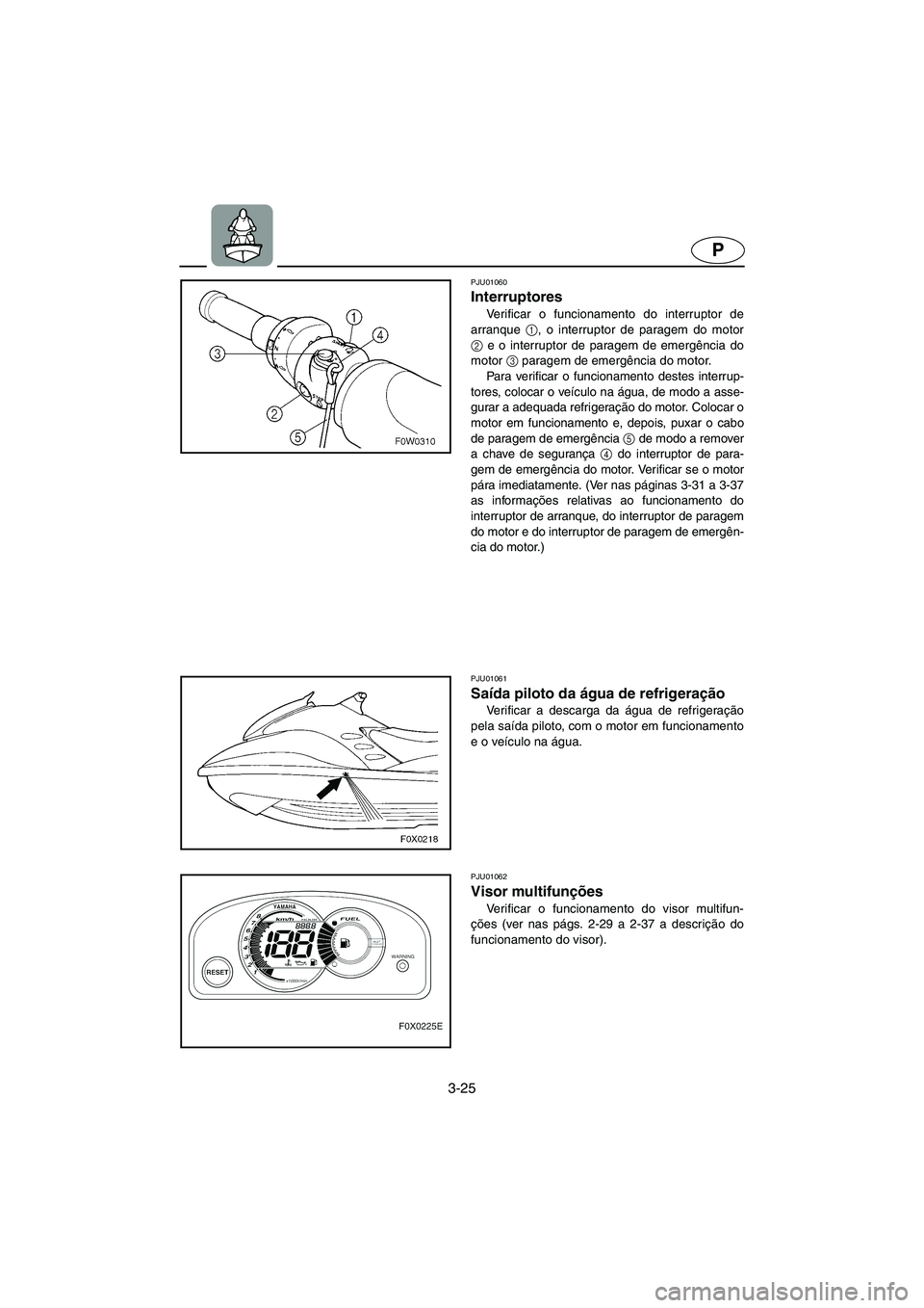 YAMAHA GP1200 2002 ΟΔΗΓΌΣ ΧΡΉΣΗΣ (in Greek) 3-25
P
PJU01060
Interruptores
Verificar o funcionamento do interruptor de
arranque 1
, o interruptor de paragem do motor
2
e o interruptor de paragem de emergência do
motor 3
paragem de emergên YAMAHA GP1200 2002 ΟΔΗΓΌΣ ΧΡΉΣΗΣ (in Greek) 3-25
P
PJU01060
Interruptores
Verificar o funcionamento do interruptor de
arranque 1
, o interruptor de paragem do motor
2
e o interruptor de paragem de emergência do
motor 3
paragem de emergên