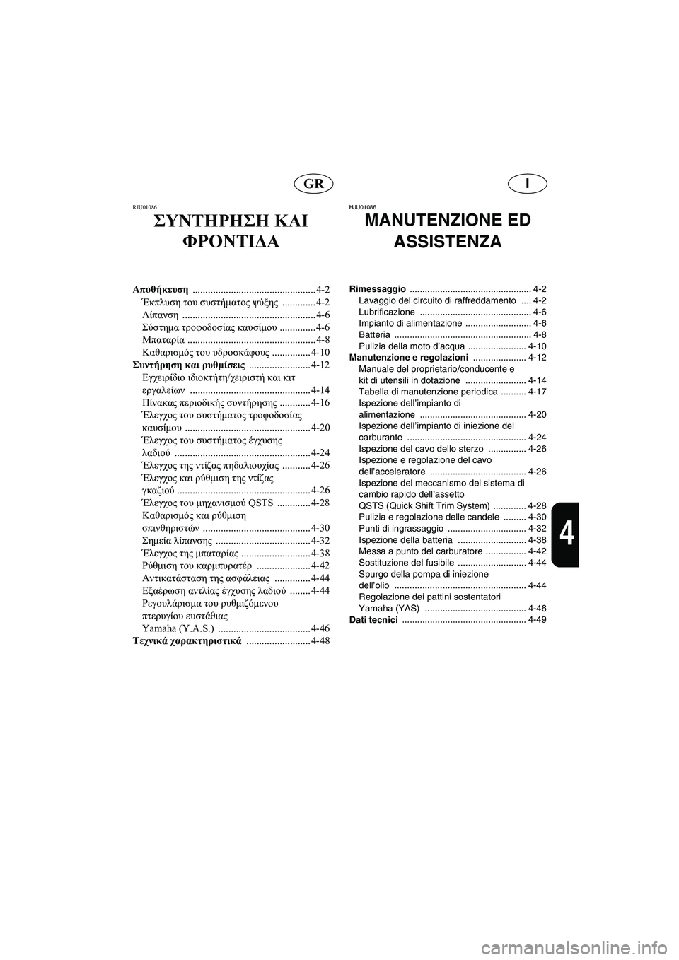 YAMAHA GP1200 2002  ΟΔΗΓΌΣ ΧΡΉΣΗΣ (in Greek) IGR
4
RJU01086 
ΣΥΝΤΗΡΗΣΗ ΚΑΙ 
ΦΡΟΝΤΙΔΑ
Αποθήκευση 
................................................ 4-2
Έκπλυση του συστήματος ψύξης ...........