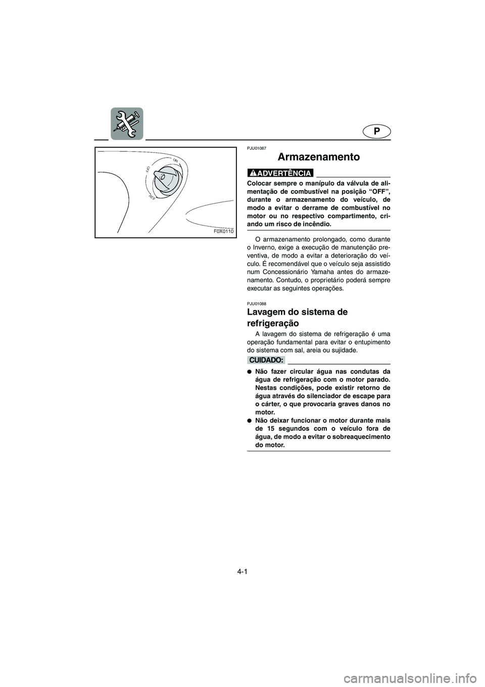 YAMAHA GP1200 2002  ΟΔΗΓΌΣ ΧΡΉΣΗΣ (in Greek) 4-1
P
PJU01087 
Armazenamento  
@ Colocar sempre o manípulo da válvula de ali-
mentação de combustível na posição “OFF”,
durante o armazenamento do veículo, de
modo a evitar o derrame de c