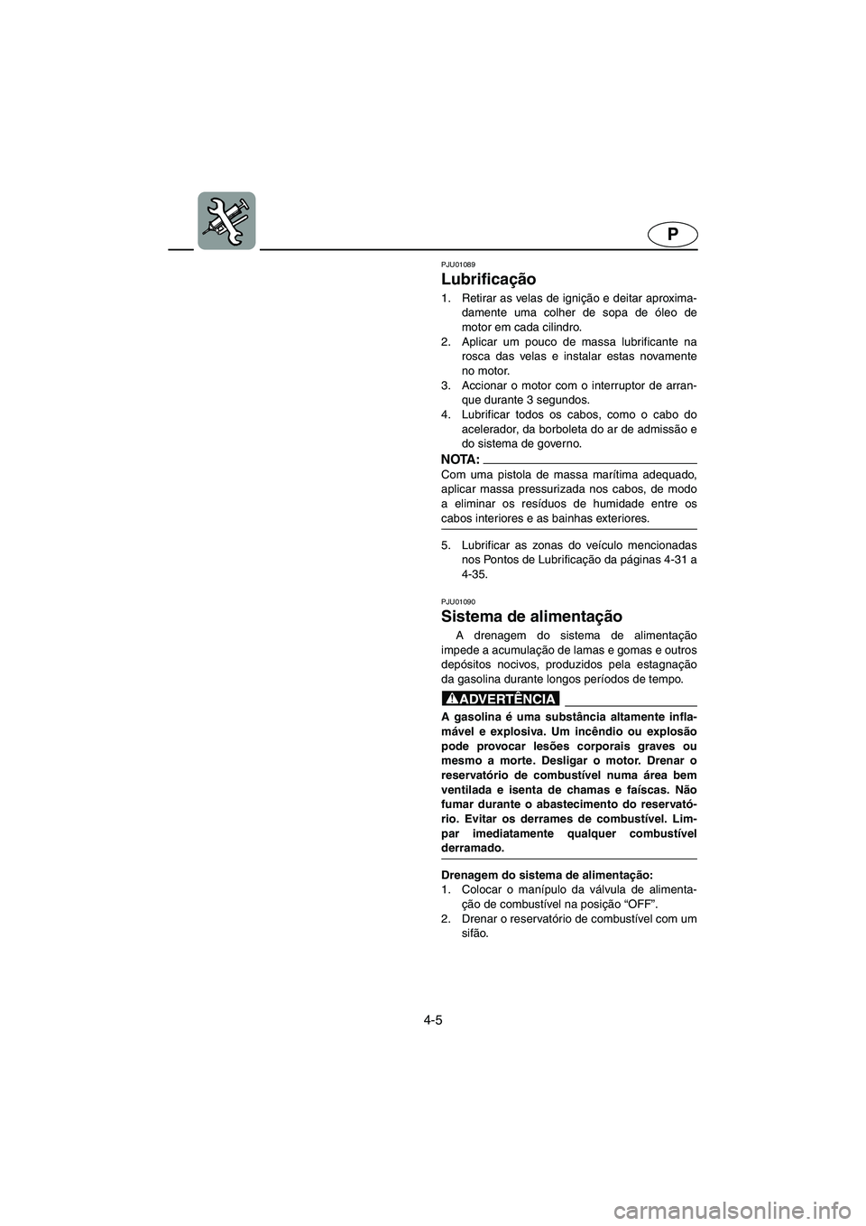 YAMAHA GP1200 2002  ΟΔΗΓΌΣ ΧΡΉΣΗΣ (in Greek) 4-5
P
PJU01089 
Lubrificação  
1. Retirar as velas de ignição e deitar aproxima-
damente uma colher de sopa de óleo de
motor em cada cilindro. 
2. Aplicar um pouco de massa lubrificante na
rosca 