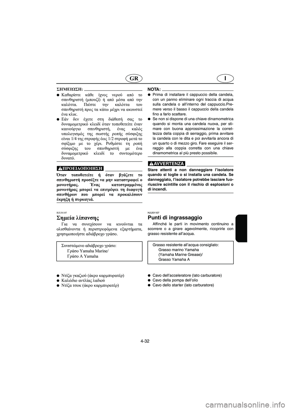 YAMAHA GP1200 2002  Manuale duso (in Italian) 4-32
IGR
@ Καθαρίστε κάθε ίχνος νερού από το
σπινθηριστή (μπουζί) ή από μέσα από την
καλόττα. Πιέστε την καλόττα το