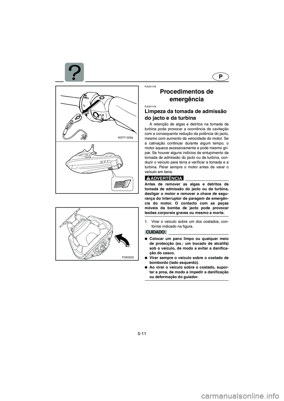 YAMAHA GP1200 2002 ΟΔΗΓΌΣ ΧΡΉΣΗΣ (in Greek) 5-11
P
PJU01118
Procedimentos de
emergência
PJU01119
Limpeza da tomada de admissão
do jacto e da turbina
A retenção de algas e detritos na tomada da
turbina pode provocar a ocorrência de c YAMAHA GP1200 2002 ΟΔΗΓΌΣ ΧΡΉΣΗΣ (in Greek) 5-11
P
PJU01118
Procedimentos de
emergência
PJU01119
Limpeza da tomada de admissão
do jacto e da turbina
A retenção de algas e detritos na tomada da
turbina pode provocar a ocorrência de c