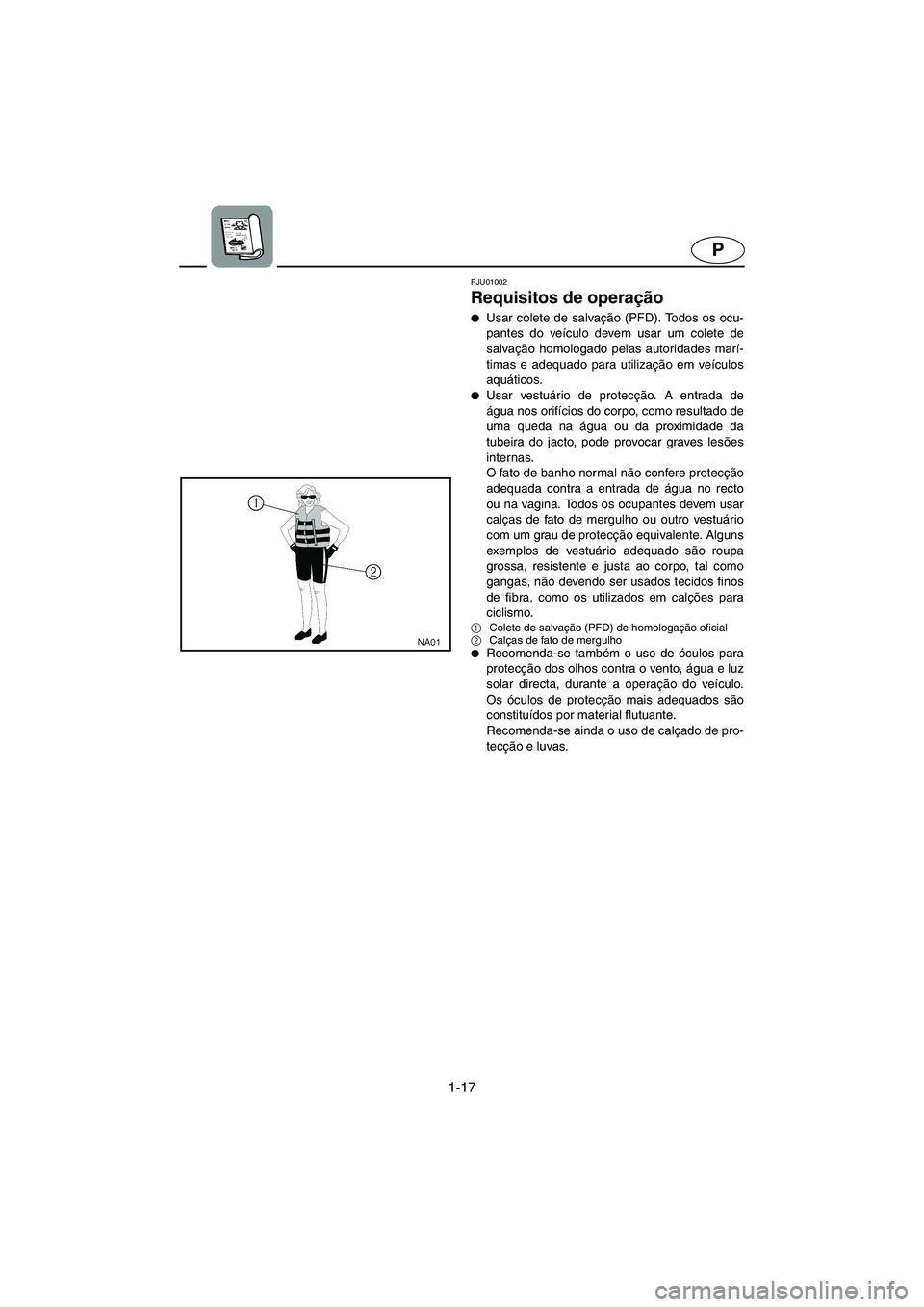 YAMAHA GP1200 2002  ΟΔΗΓΌΣ ΧΡΉΣΗΣ (in Greek) 1-17
P
PJU01002 
Requisitos de operação  
Usar colete de salvação (PFD). Todos os ocu-
pantes do veículo devem usar um colete de
salvação homologado pelas autoridades marí-
timas e adequado p
