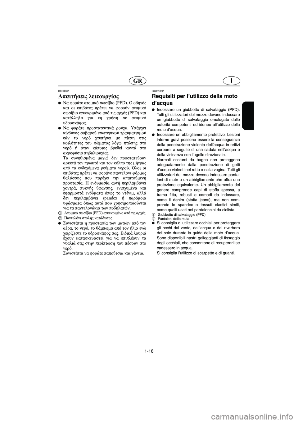 YAMAHA GP1200 2002  ΟΔΗΓΌΣ ΧΡΉΣΗΣ (in Greek) 1-18
IGR
RJU01002 
Απαιτήσεις λειτουργίας  
Να φοράτε ατομικό σωσίβιο (PFD). Ο οδηγός
και οι επιβάτες πρέπει να φορούν α