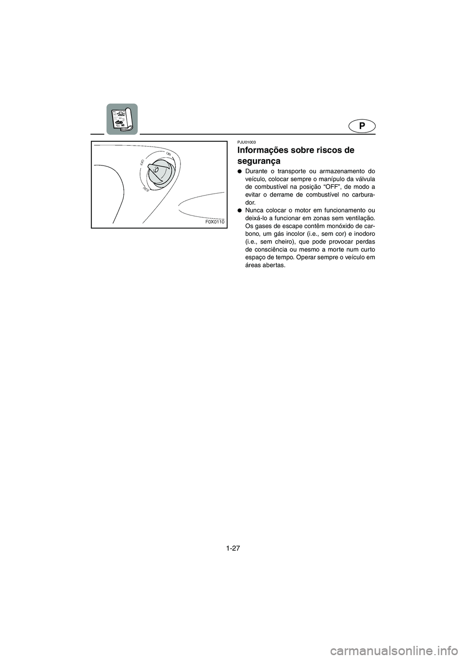 YAMAHA GP1200 2002  ΟΔΗΓΌΣ ΧΡΉΣΗΣ (in Greek) 1-27
P
PJU01003 
Informações sobre riscos de 
segurança  
Durante o transporte ou armazenamento do
veículo, colocar sempre o manípulo da válvula
de combustível na posição “OFF”, de modo 