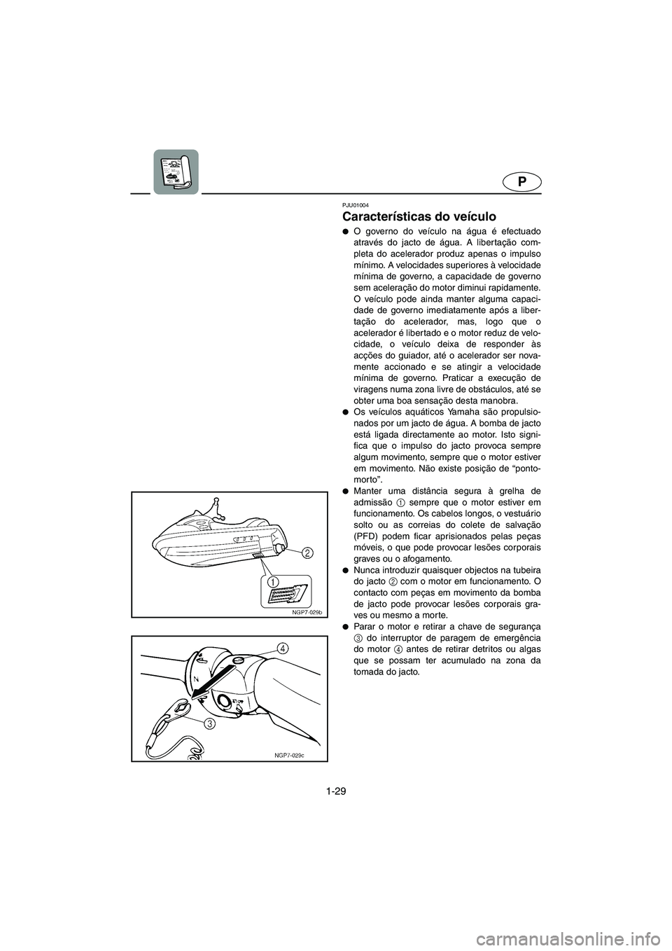 YAMAHA GP1200 2002  ΟΔΗΓΌΣ ΧΡΉΣΗΣ (in Greek) 1-29
P
PJU01004 
Características do veículo  
O governo do veículo na água é efectuado
através do jacto de água. A libertação com-
pleta do acelerador produz apenas o impulso
mínimo. A velo