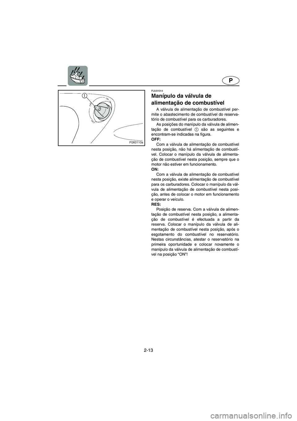 YAMAHA GP1200 2002 ΟΔΗΓΌΣ ΧΡΉΣΗΣ (in Greek) 2-13
P
PJU01014
Manípulo da válvula de
alimentação de combustível
A válvula de alimentação de combustível per-
mite o abastecimento de combustível do reserva-
tório de combustível para YAMAHA GP1200 2002 ΟΔΗΓΌΣ ΧΡΉΣΗΣ (in Greek) 2-13
P
PJU01014
Manípulo da válvula de
alimentação de combustível
A válvula de alimentação de combustível per-
mite o abastecimento de combustível do reserva-
tório de combustível para