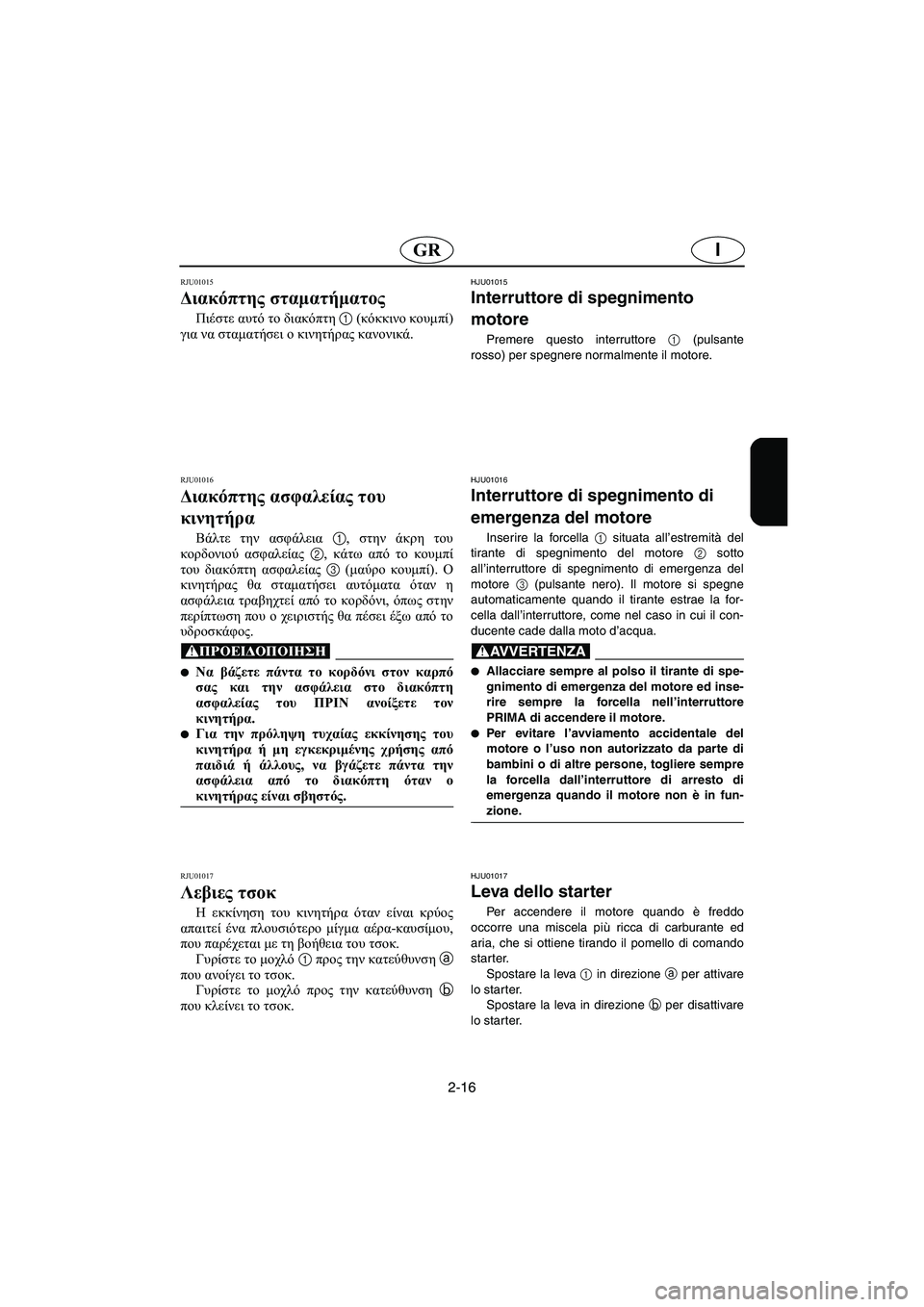 YAMAHA GP1200 2002 ΟΔΗΓΌΣ ΧΡΉΣΗΣ (in Greek) 2-16
IGR
RJU01015
Διακόπτης σταματήματος
Πιέστε αυτό το διακόπτη 1 (κόκκινο κουμπί)
για να σταματήσει ο κινητήρας κα YAMAHA GP1200 2002 ΟΔΗΓΌΣ ΧΡΉΣΗΣ (in Greek) 2-16
IGR
RJU01015
Διακόπτης σταματήματος
Πιέστε αυτό το διακόπτη 1 (κόκκινο κουμπί)
για να σταματήσει ο κινητήρας κα