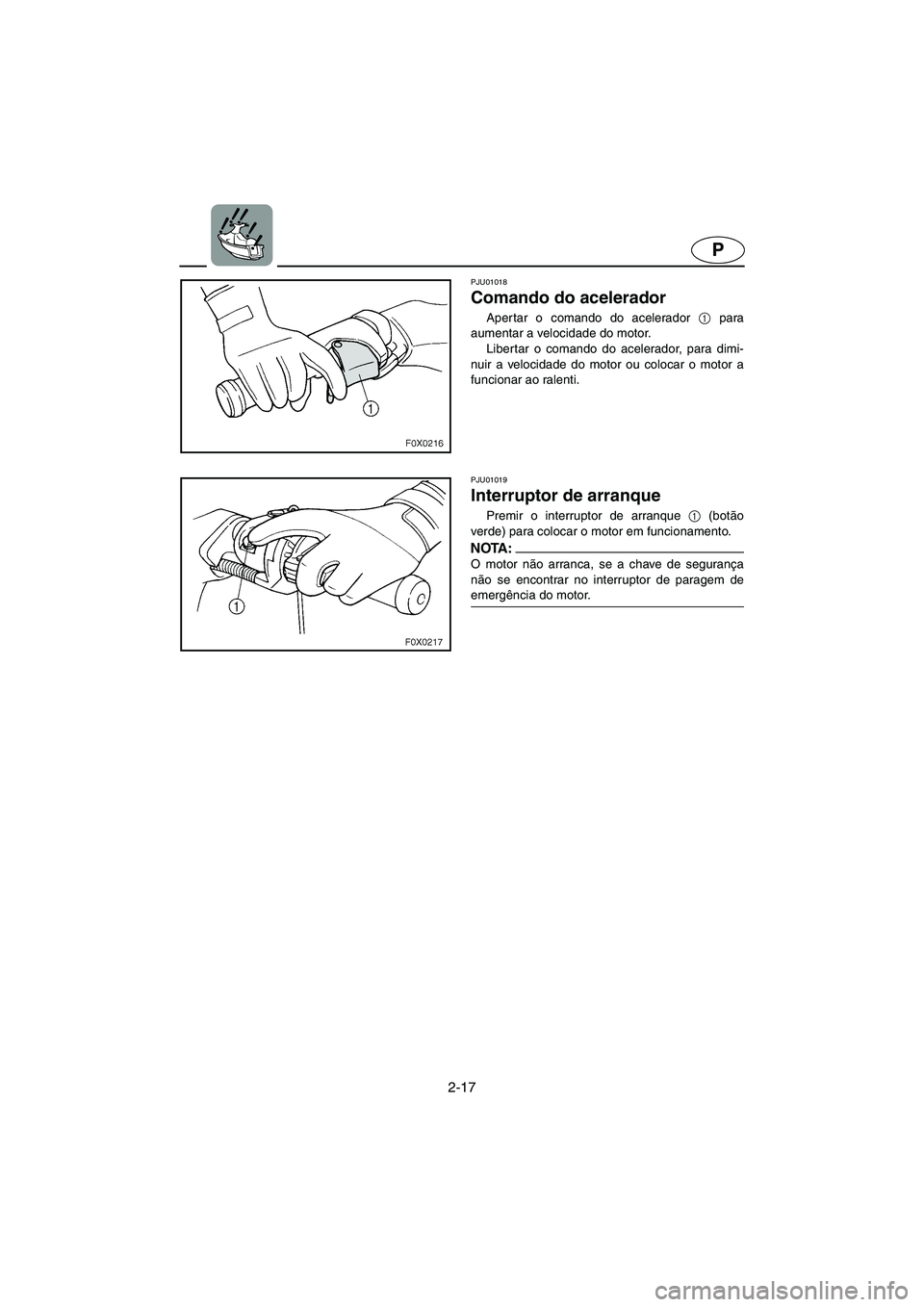 YAMAHA GP1200 2002 ΟΔΗΓΌΣ ΧΡΉΣΗΣ (in Greek) 2-17
P
PJU01018
Comando do acelerador
Aper tar o comando do acelerador 1
para
aumentar a velocidade do motor.
Libertar o comando do acelerador, para dimi-
nuir a velocidade do motor ou colocar o YAMAHA GP1200 2002 ΟΔΗΓΌΣ ΧΡΉΣΗΣ (in Greek) 2-17
P
PJU01018
Comando do acelerador
Aper tar o comando do acelerador 1
para
aumentar a velocidade do motor.
Libertar o comando do acelerador, para dimi-
nuir a velocidade do motor ou colocar o