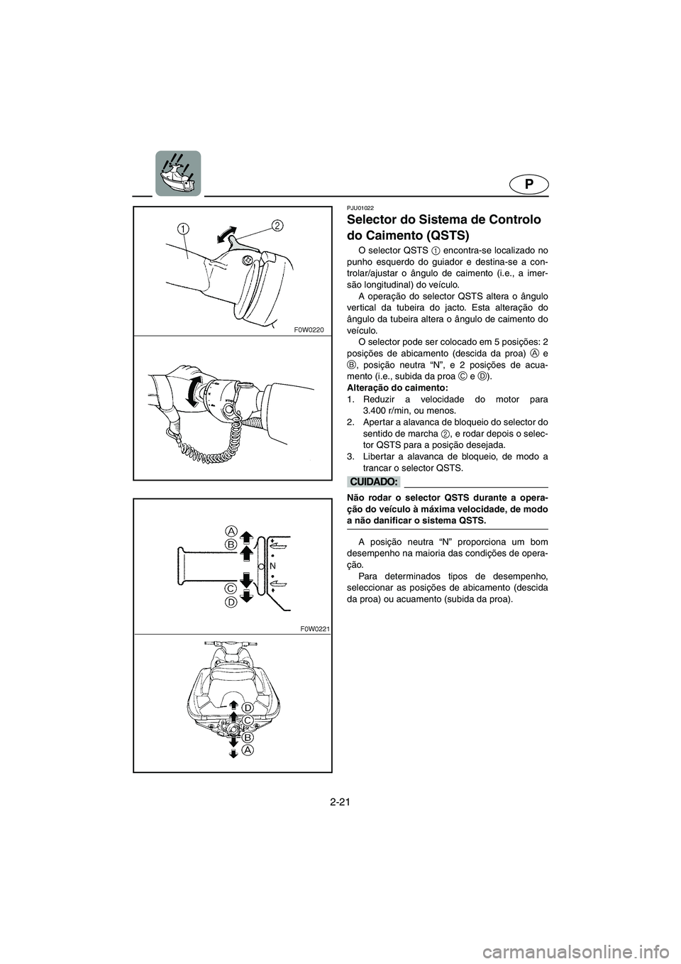 YAMAHA GP1200 2002 ΟΔΗΓΌΣ ΧΡΉΣΗΣ (in Greek) 2-21
P
PJU01022
Selector do Sistema de Controlo
do Caimento (QSTS)
O selector QSTS 1
encontra-se localizado no
punho esquerdo do guiador e destina-se a con-
trolar/ajustar o ângulo de caimento ( YAMAHA GP1200 2002 ΟΔΗΓΌΣ ΧΡΉΣΗΣ (in Greek) 2-21
P
PJU01022
Selector do Sistema de Controlo
do Caimento (QSTS)
O selector QSTS 1
encontra-se localizado no
punho esquerdo do guiador e destina-se a con-
trolar/ajustar o ângulo de caimento (