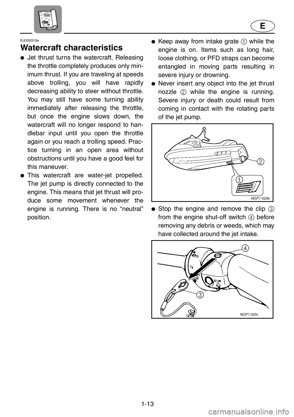 YAMAHA GP1200 2001 User Guide 1-13
E
EJU00315a
Watercraft characteristics
●Jet thrust turns the watercraft. Releasing
the throttle completely produces only min-
imum thrust. If you are traveling at speeds
above trolling, you wil YAMAHA GP1200 2001 User Guide 1-13
E
EJU00315a
Watercraft characteristics
●Jet thrust turns the watercraft. Releasing
the throttle completely produces only min-
imum thrust. If you are traveling at speeds
above trolling, you wil