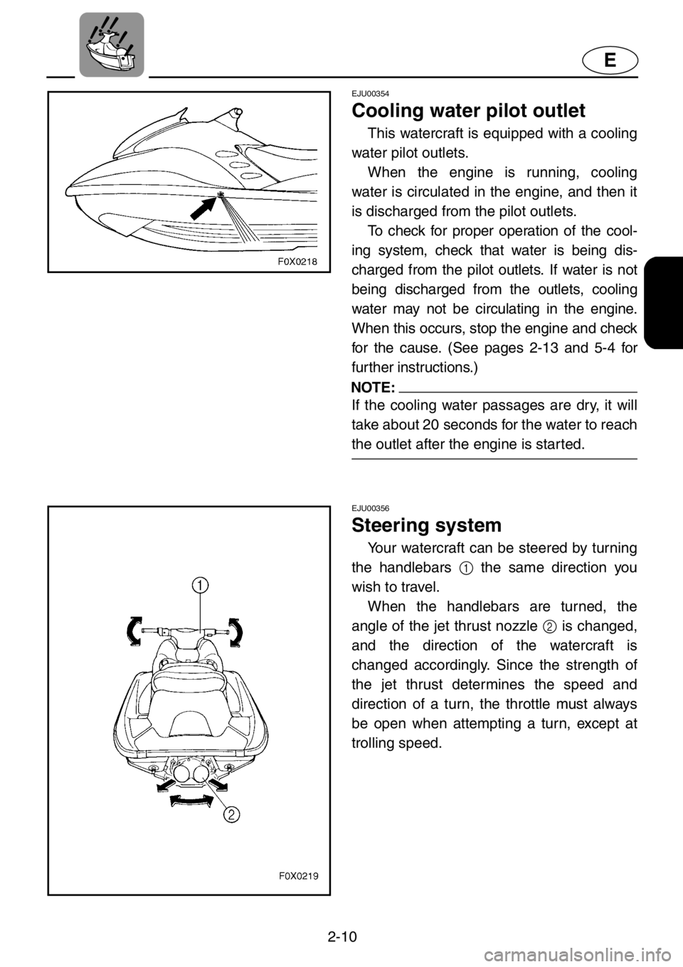 YAMAHA GP1200 2001 Owners Guide 2-10
E
EJU00354
Cooling water pilot outlet
This watercraft is equipped with a cooling
water pilot outlets.
When the engine is running, cooling
water is circulated in the engine, and then it
is dischar YAMAHA GP1200 2001 Owners Guide 2-10
E
EJU00354
Cooling water pilot outlet
This watercraft is equipped with a cooling
water pilot outlets.
When the engine is running, cooling
water is circulated in the engine, and then it
is dischar