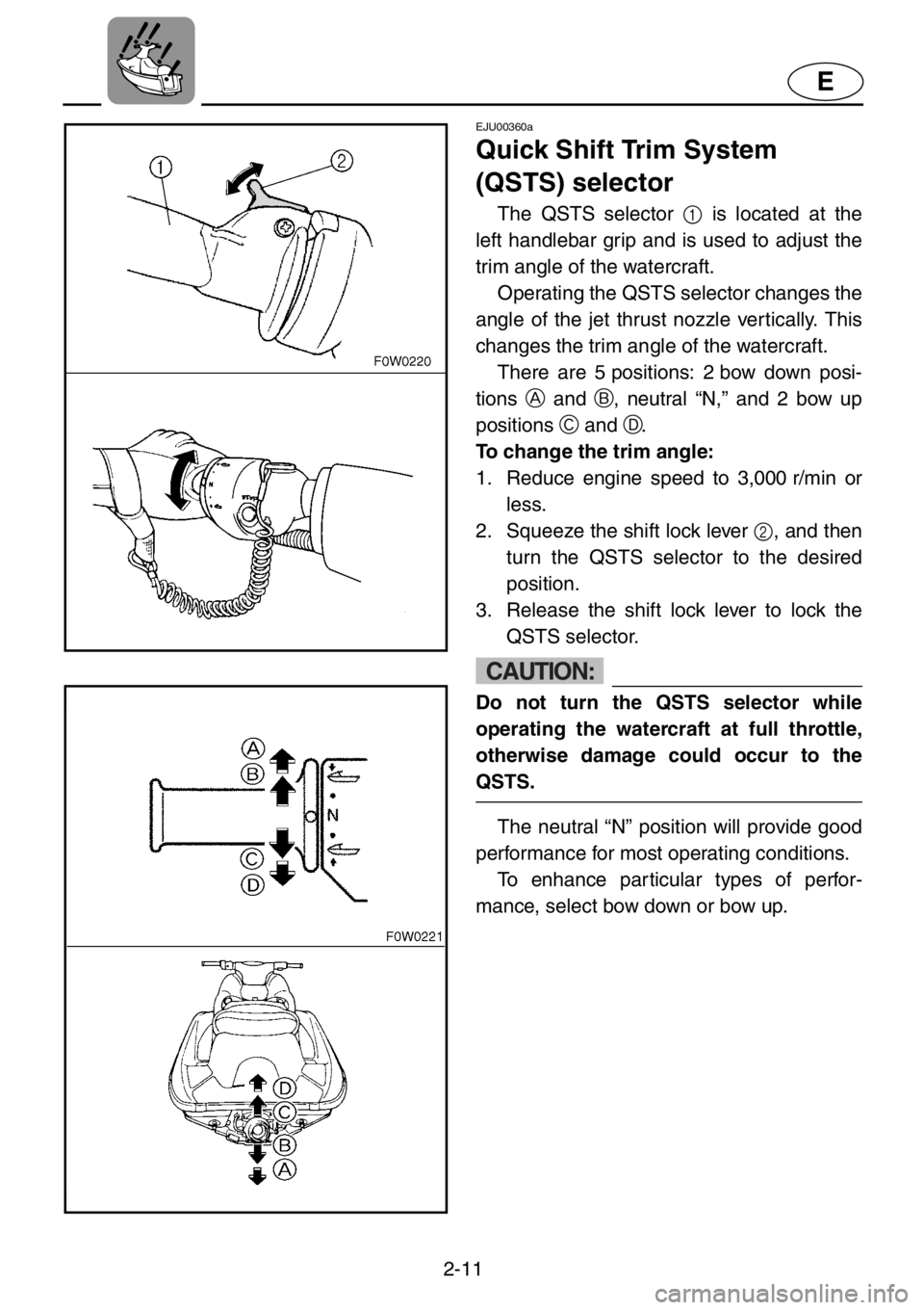 YAMAHA GP1200 2001 Owners Guide 2-11
E
EJU00360a
Quick Shift Trim System
(QSTS) selector
The QSTS selector 1 is located at the
left handlebar grip and is used to adjust the
trim angle of the watercraft.
Operating the QSTS selector YAMAHA GP1200 2001 Owners Guide 2-11
E
EJU00360a
Quick Shift Trim System
(QSTS) selector
The QSTS selector 1 is located at the
left handlebar grip and is used to adjust the
trim angle of the watercraft.
Operating the QSTS selector