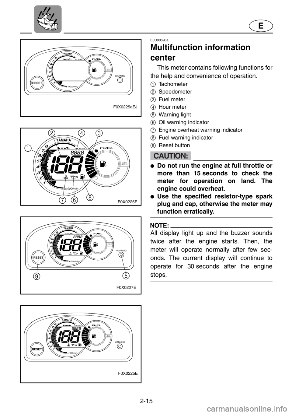 YAMAHA GP1200 2001 Owners Guide 2-15
E
EJU00698a
Multifunction information
center
This meter contains following functions for
the help and convenience of operation.
1
Tachometer
2
Speedometer
3
Fuel meter
4
Hour meter
5
Warning lig YAMAHA GP1200 2001 Owners Guide 2-15
E
EJU00698a
Multifunction information
center
This meter contains following functions for
the help and convenience of operation.
1
Tachometer
2
Speedometer
3
Fuel meter
4
Hour meter
5
Warning lig