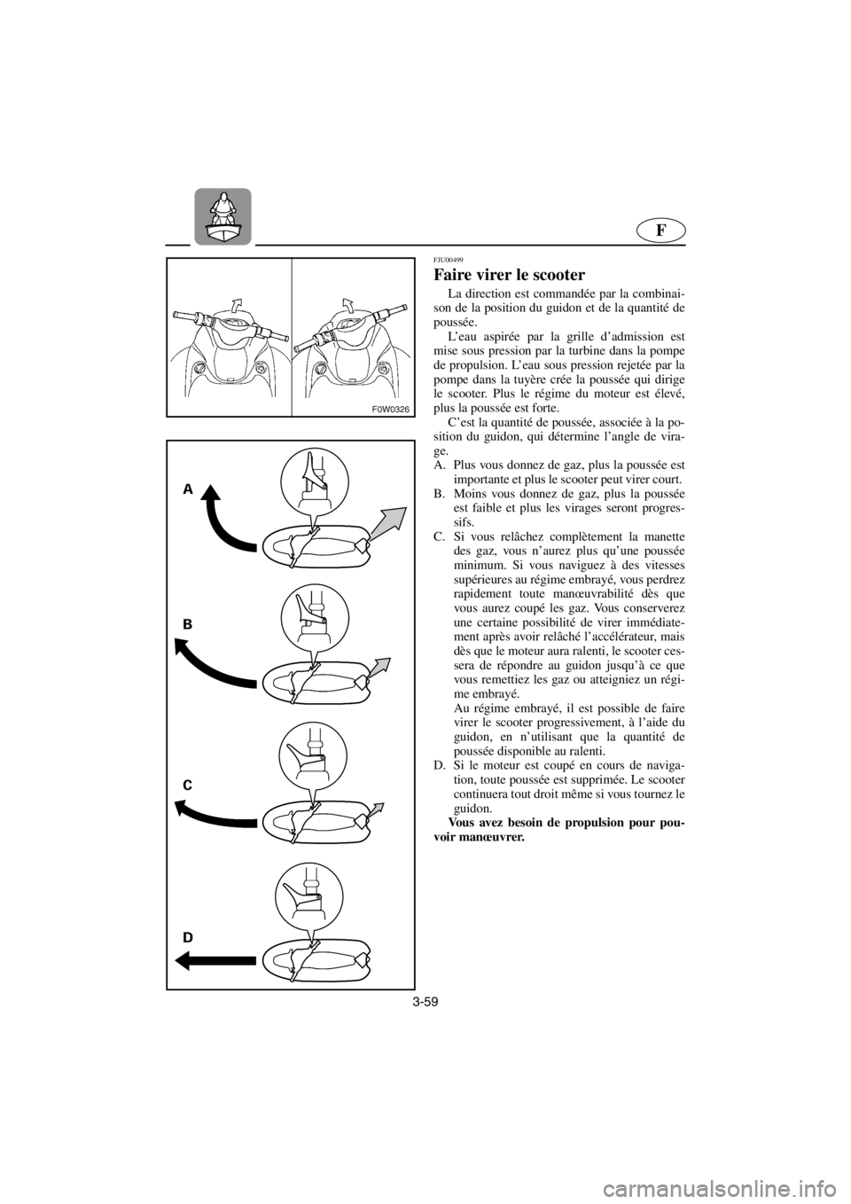 YAMAHA GP1200 2001  Manuale de Empleo (in Spanish) 3-59
F
FJU00499 
Faire virer le scooter  
La direction est commandée par la combinai-
son de la position du guidon et de la quantité de
poussée. 
L’eau aspirée par la grille d’admission est
mi