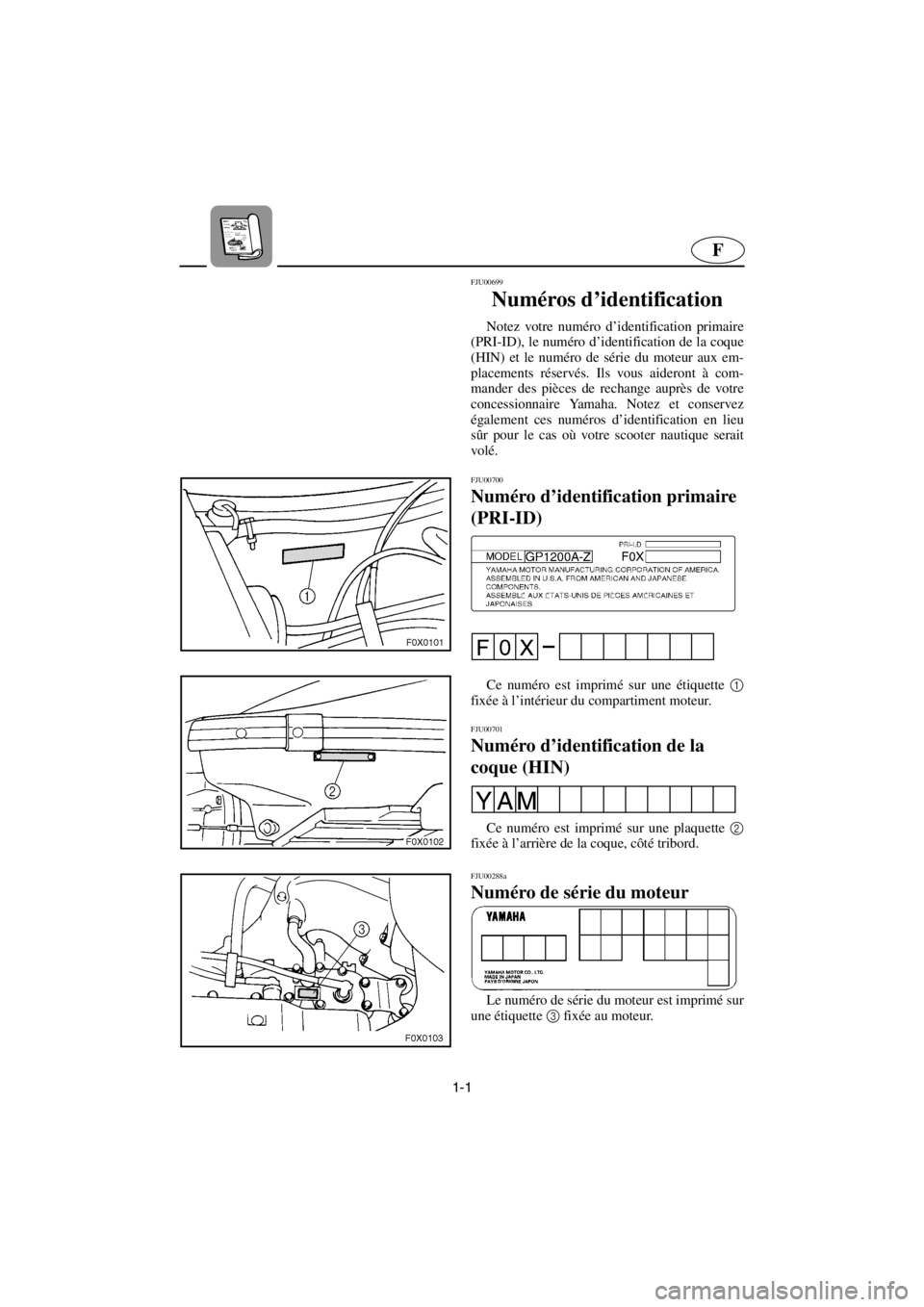 YAMAHA GP1200 2001  Notices Demploi (in French) 1-1
F
FJU00699 
Numéros d’identification  
Notez votre numéro d’identification primaire
(PRI-ID), le numéro d’identification de la coque
(HIN) et le numéro de série du moteur aux em-
placem