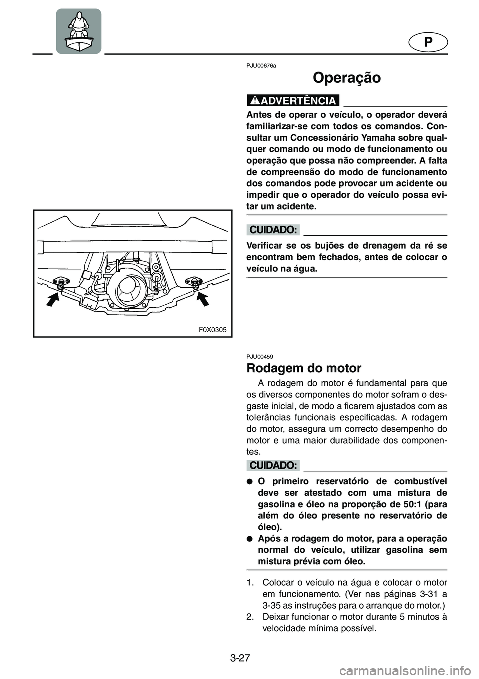 YAMAHA GP1200 2001  Manual de utilização (in Portuguese) 3-27
P
PJU00676a 
Operação
@Antes de operar o veículo, o operador deverá
familiarizar-se com todos os comandos. Con-
sultar um Concessionário Yamaha sobre qual-
quer comando ou modo de funcioname