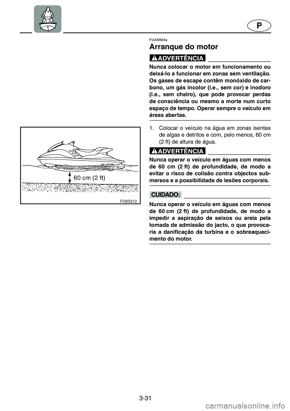 YAMAHA GP1200 2001  Manual de utilização (in Portuguese) 3-31
P
PJU00645a 
Arranque do motor  
@Nunca colocar o motor em funcionamento ou
deixá-lo a funcionar em zonas sem ventilação.
Os gases de escape contêm monóxido de car-
bono, um gás incolor (i.