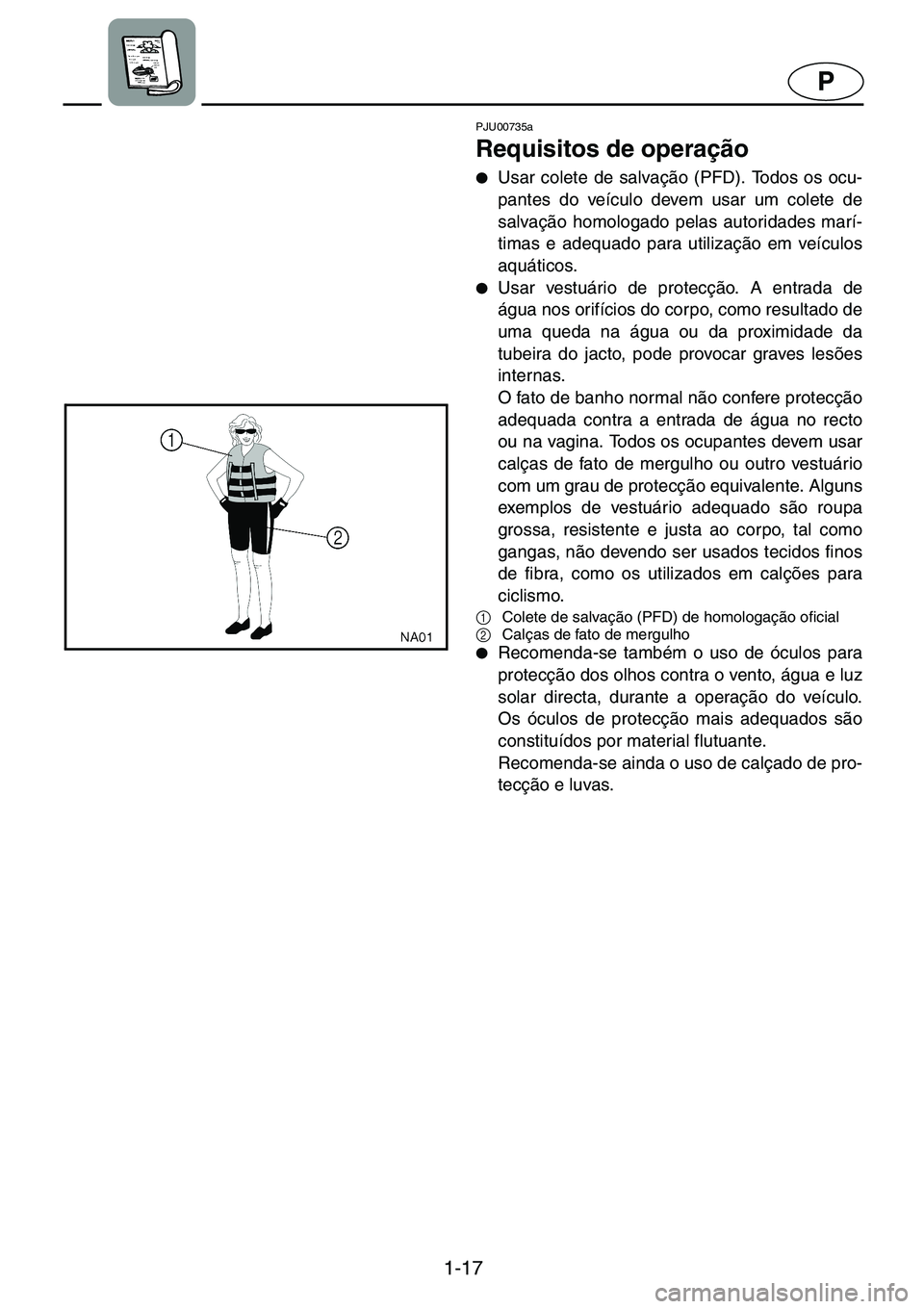 YAMAHA GP1200 2001  Manuale duso (in Italian) 1-17
P
PJU00735a 
Requisitos de operação  
●Usar colete de salvação (PFD). Todos os ocu-
pantes do veículo devem usar um colete de
salvação homologado pelas autoridades marí-
timas e adequad