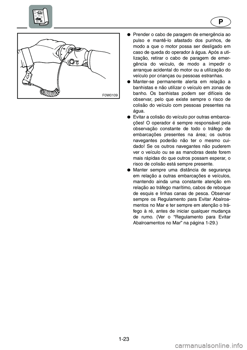YAMAHA GP1200 2001  Manual de utilização (in Portuguese) 1-23
P
●Prender o cabo de paragem de emergência ao
pulso e mantê-lo afastado dos punhos, de
modo a que o motor possa ser desligado em
caso de queda do operador à água. Após a uti-
lização, re