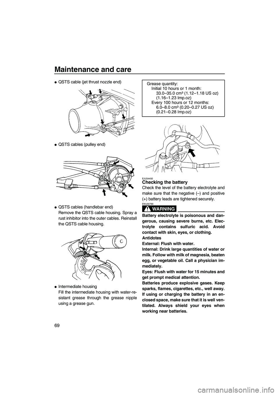 YAMAHA GP1300R 2007  Owners Manual Maintenance and care
69
QSTS cable (jet thrust nozzle end)
QSTS cables (pulley end)
QSTS cables (handlebar end)
Remove the QSTS cable housing. Spray a
rust inhibitor into the outer cables. Reinstal