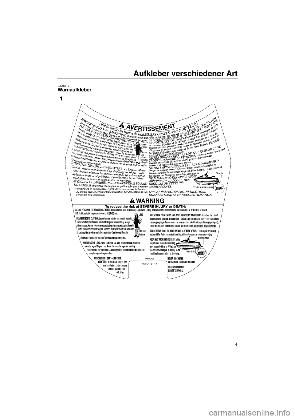 YAMAHA GP1300R 2007  Betriebsanleitungen (in German) Aufkleber verschiedener Art
4
GJU35910Warnaufkleber 
UF1G74G0.book  Page 4  Monday, July 31, 2006  9:35 AM 