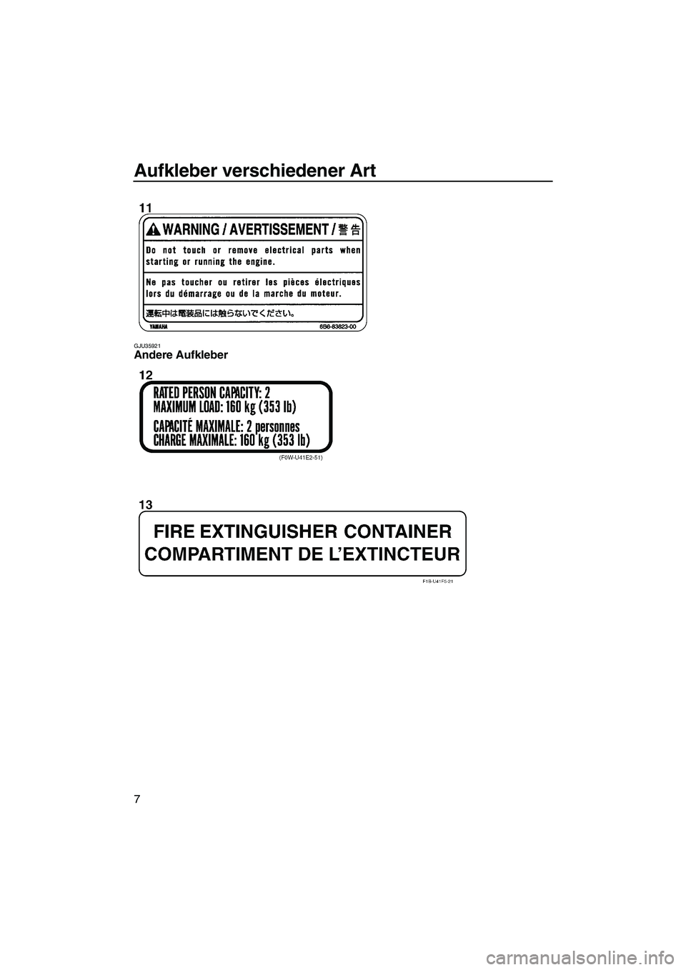 YAMAHA GP1300R 2007  Betriebsanleitungen (in German) Aufkleber verschiedener Art
7
GJU35921Andere Aufkleber 
UF1G74G0.book  Page 7  Monday, July 31, 2006  9:35 AM 