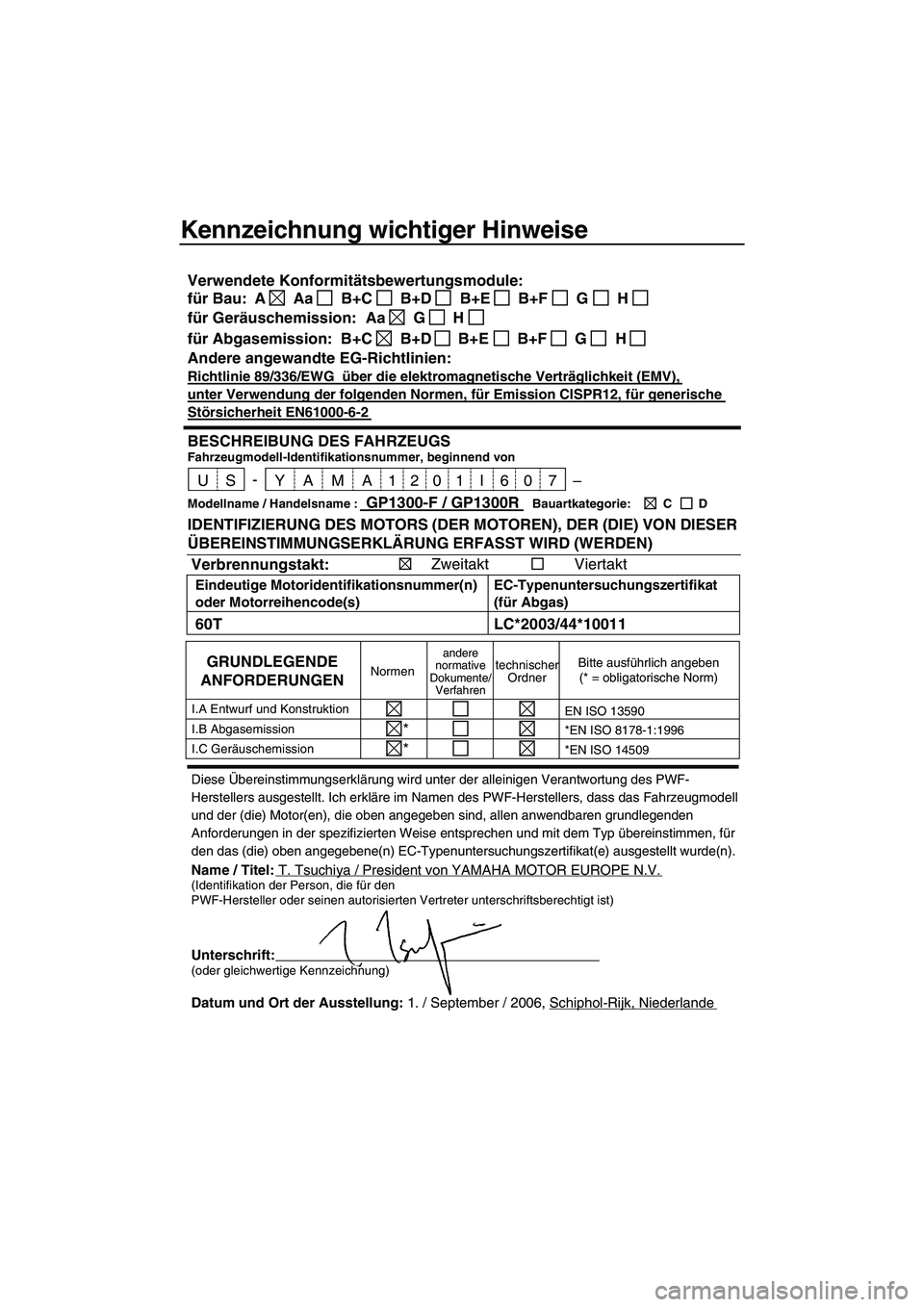 YAMAHA GP1300R 2007 Betriebsanleitungen (in German) Kennzeichnung wichtiger Hinweise
Diese Übereinstimmungserklärung wird unter der alleinigen Verantwortung des PWF-
Herstellers ausgestellt. Ich erkläre im Namen des PWF-Herstellers, dass das Fahrzeu YAMAHA GP1300R 2007 Betriebsanleitungen (in German) Kennzeichnung wichtiger Hinweise
Diese Übereinstimmungserklärung wird unter der alleinigen Verantwortung des PWF-
Herstellers ausgestellt. Ich erkläre im Namen des PWF-Herstellers, dass das Fahrzeu