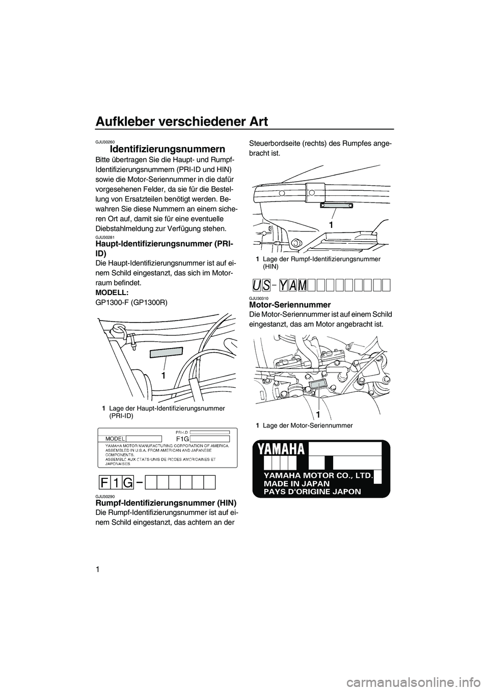 YAMAHA GP1300R 2007 Betriebsanleitungen (in German) Aufkleber verschiedener Art
1
GJU30260
Identifizierungsnummern
Bitte übertragen Sie die Haupt- und Rumpf-
Identifizierungsnummern (PRI-ID und HIN)
sowie die Motor-Seriennummer in die dafür
vorges YAMAHA GP1300R 2007 Betriebsanleitungen (in German) Aufkleber verschiedener Art
1
GJU30260
Identifizierungsnummern
Bitte übertragen Sie die Haupt- und Rumpf-
Identifizierungsnummern (PRI-ID und HIN)
sowie die Motor-Seriennummer in die dafür
vorges