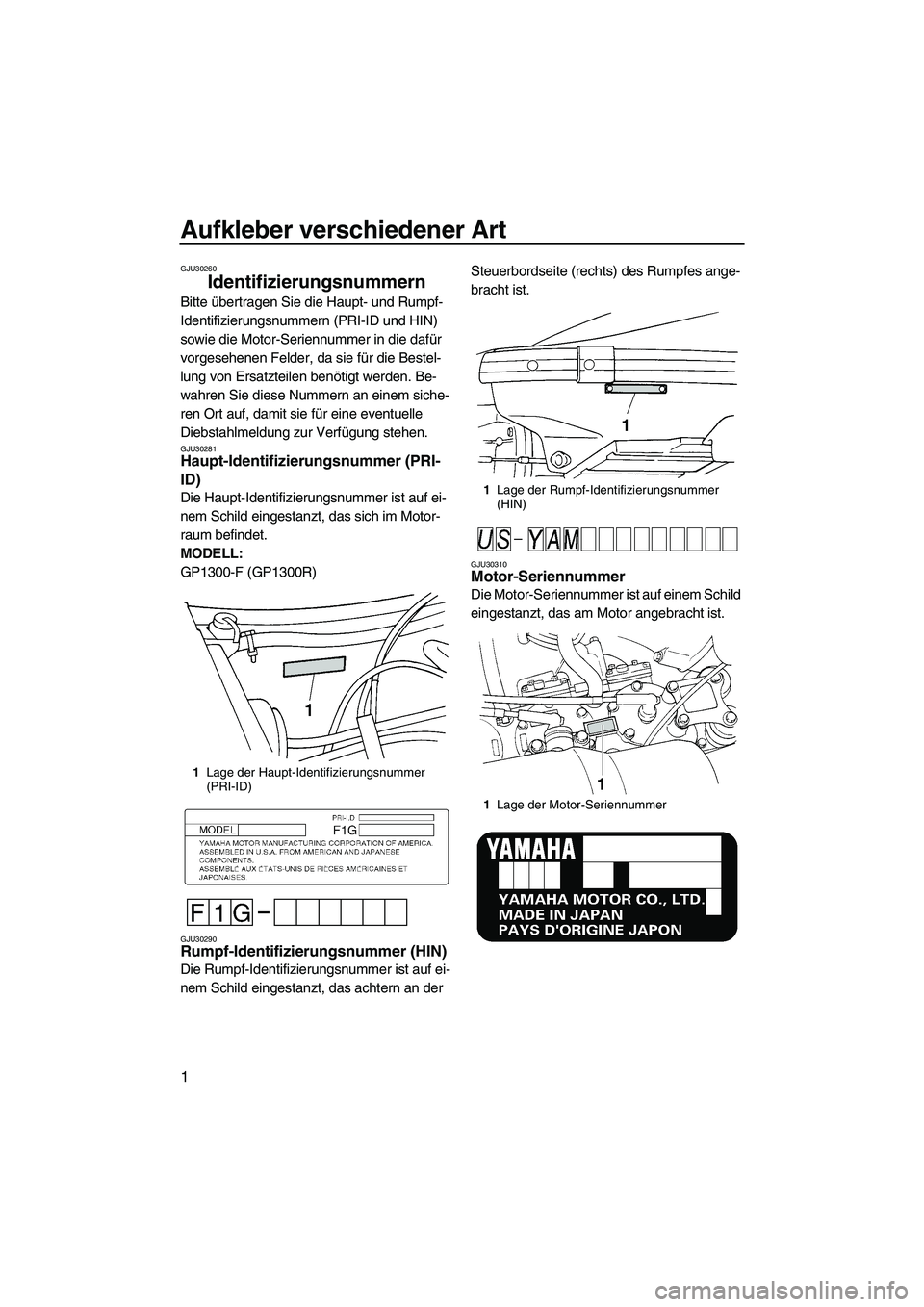 YAMAHA GP1300R 2007  Betriebsanleitungen (in German) Aufkleber verschiedener Art
1
GJU30260
Identifizierungsnummern 
Bitte übertragen Sie die Haupt- und Rumpf-
Identifizierungsnummern (PRI-ID und HIN) 
sowie die Motor-Seriennummer in die dafür 
vorges