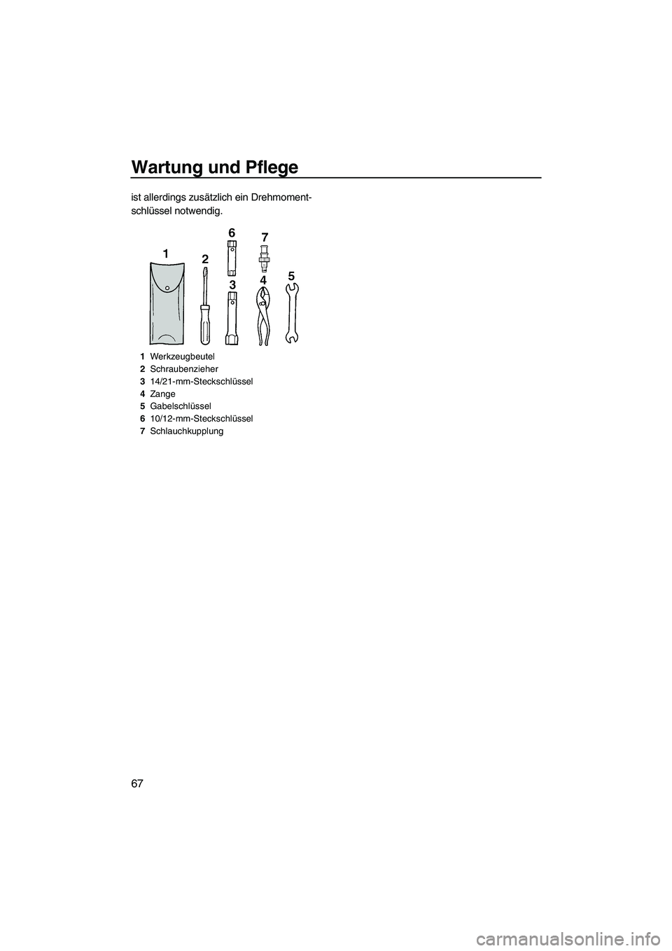 YAMAHA GP1300R 2007  Betriebsanleitungen (in German) Wartung und Pflege
67
ist allerdings zusätzlich ein Drehmoment-
schlüssel notwendig.
1Werkzeugbeutel
2Schraubenzieher
314/21-mm-Steckschlüssel
4Zange
5Gabelschlüssel
610/12-mm-Steckschlüssel
7Sch